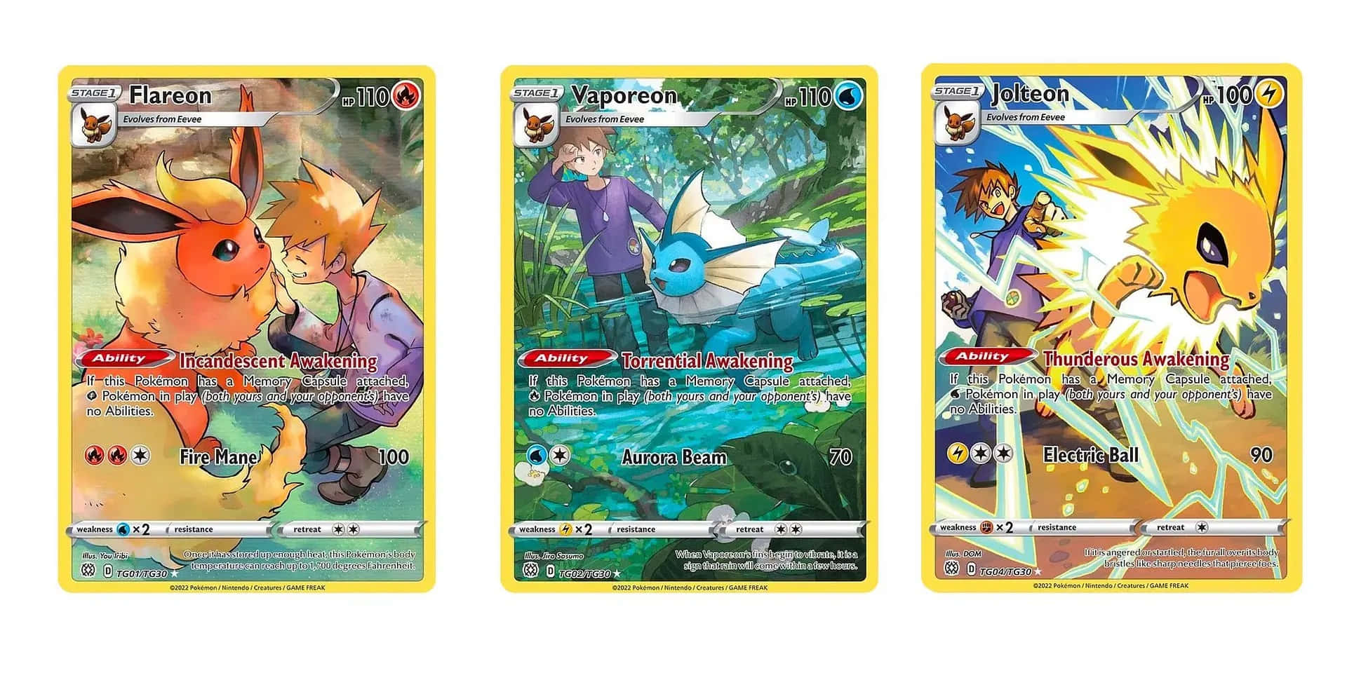 Pokemon Card 桌布 壁紙 — 三張寶可夢集換式卡牌，描繪了火伊布、水伊布和雷伊布與他們的訓練家在充滿活力的插圖場景中。