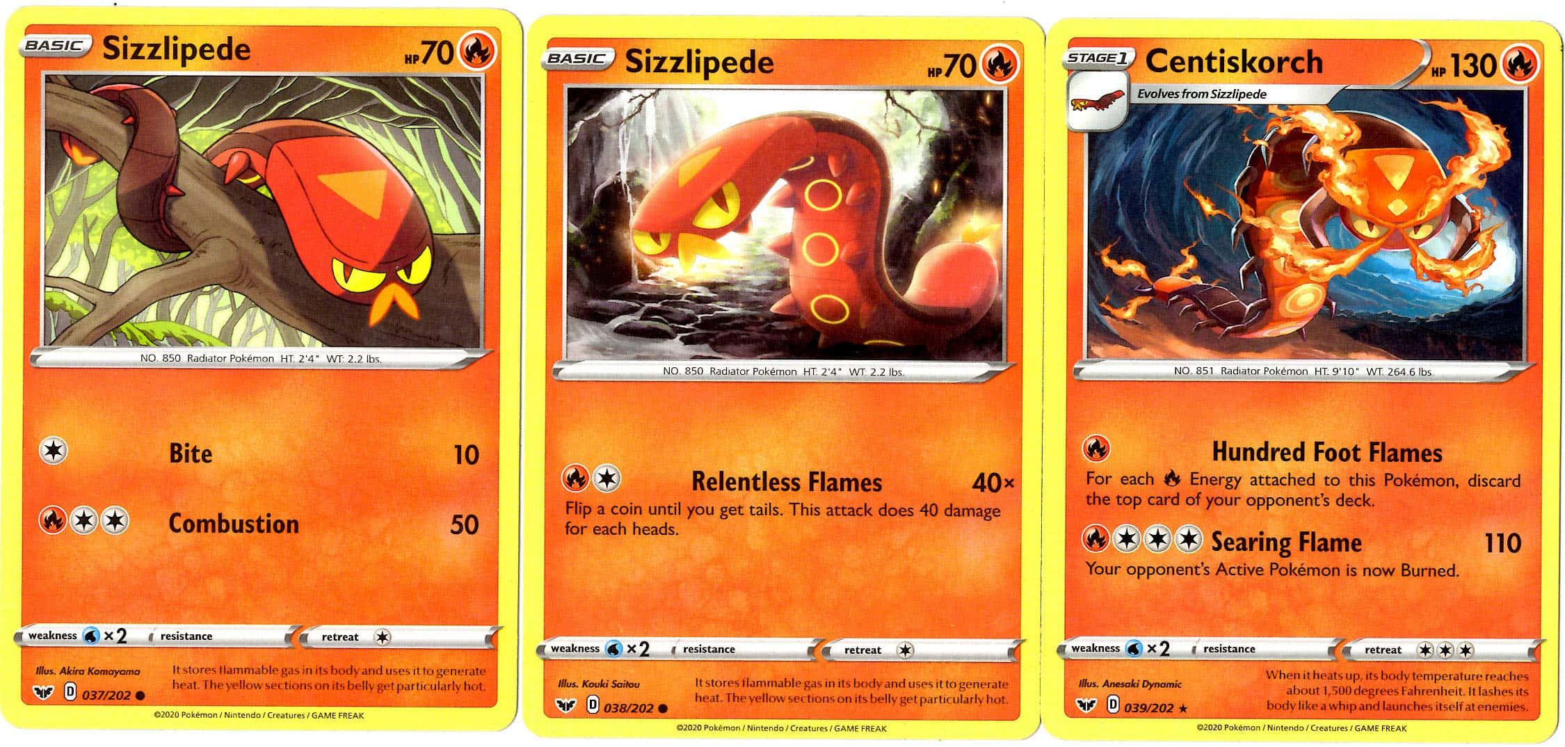 Pokemon Card 桌布 壁紙 — 三張寶可夢集換式卡牌展示了燒火蚣進化為焚焰蚣的過程，以火熱的橙色和紅色設計，背景為叢林和火山。