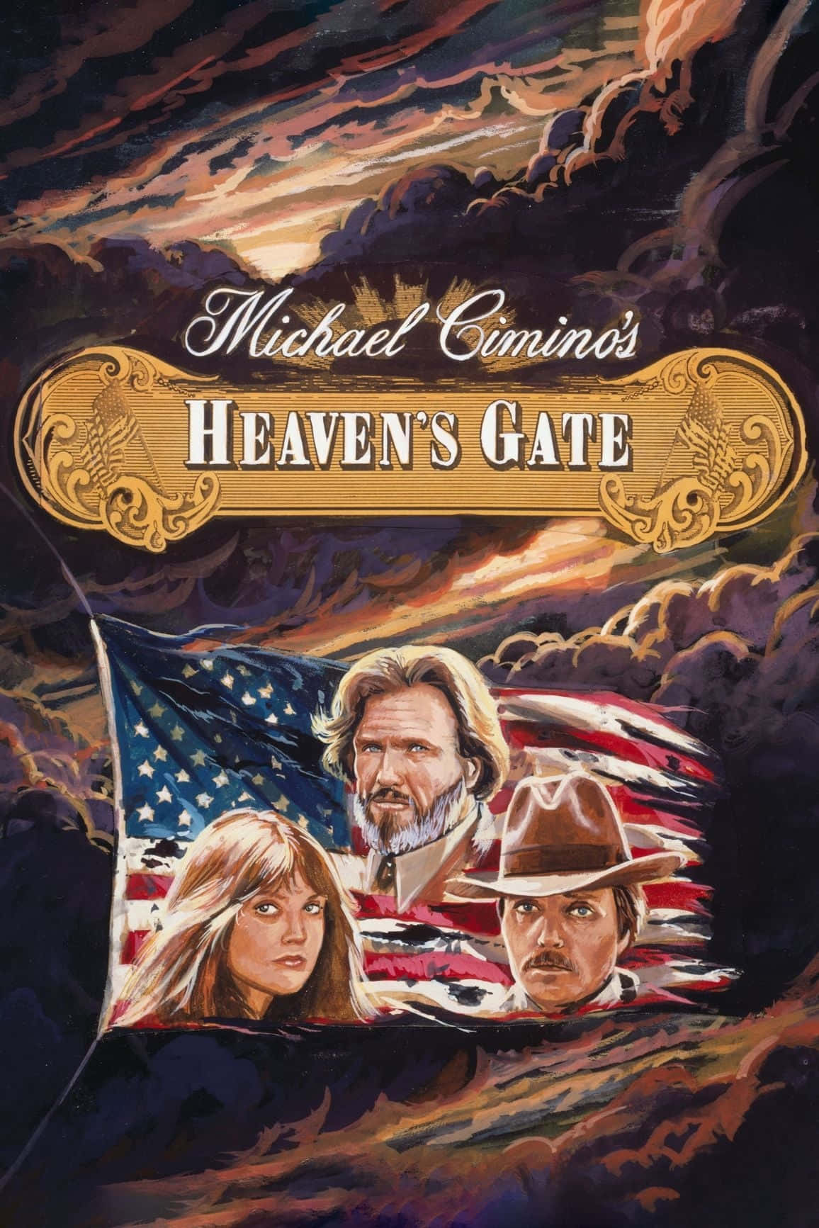 Heaven's Gate 桌布 壁紙 — 三張強烈的面孔從一面破損的美國國旗中浮現，背景是暴風雨黃昏的天空，下方有金色標題橫幅。