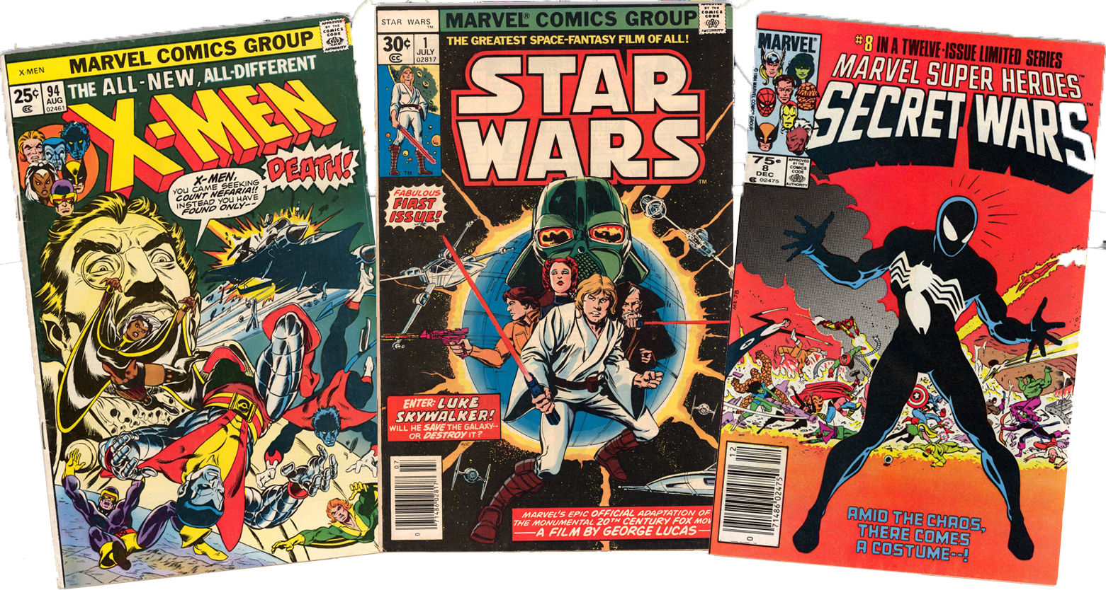 Marvel Comic Book 桌布 壁紙 — 三張復古Marvel漫畫封面， featuring X-Men Death、Star Wars和Secret Wars，色彩大膽，動作場面動感十足。