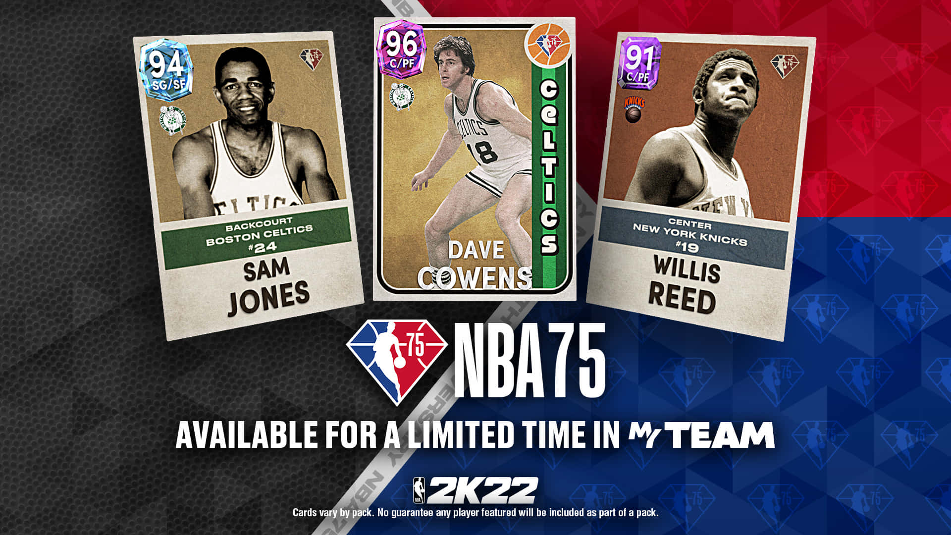 Cards 桌布 壁紙 — 三張復古NBA球員卡， featuring Sam Jones、Dave Cowens 和 Willis Reed，在帶有NBA75品牌標誌的紋理背景上展示。