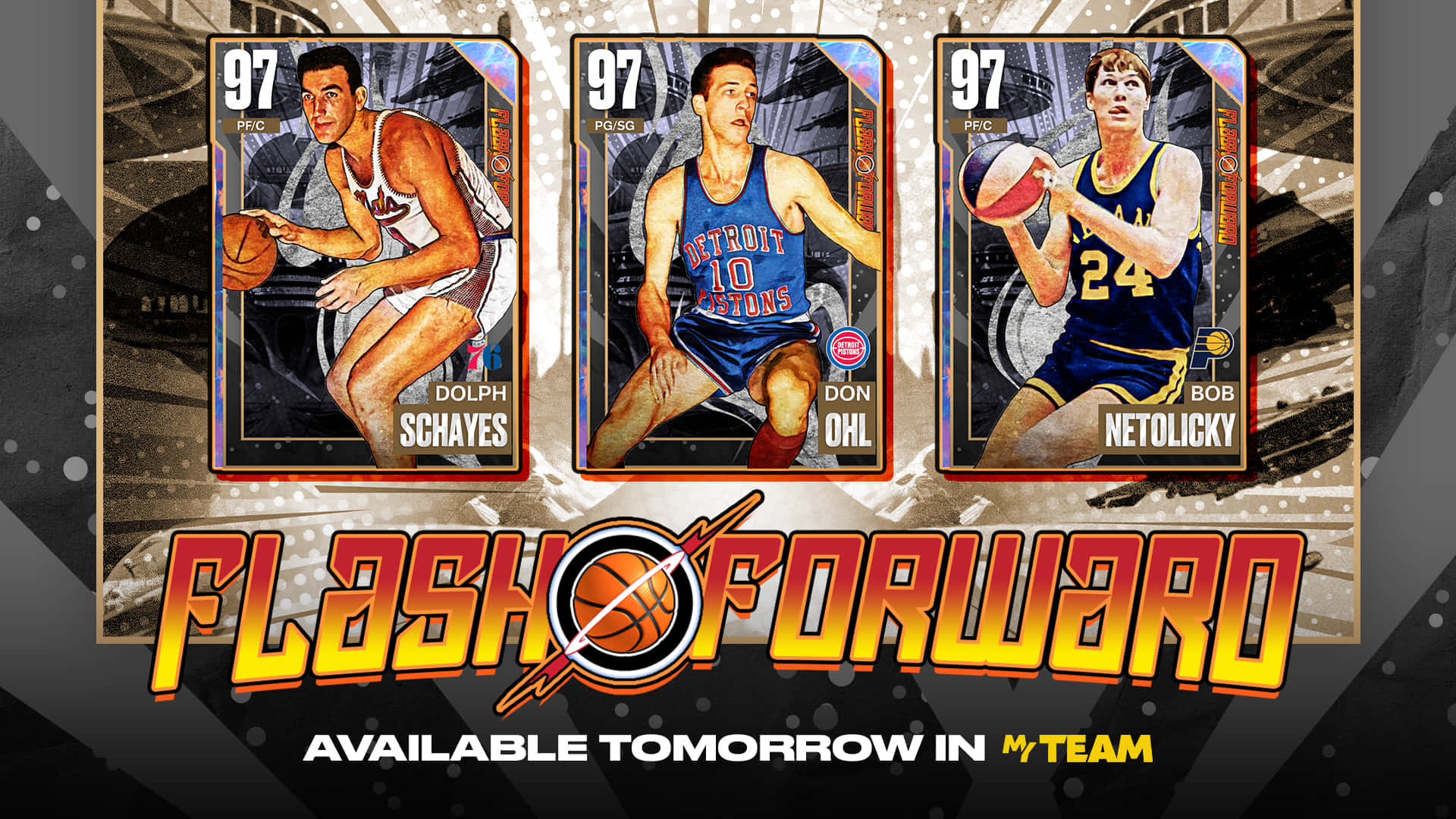 三張籃球球員卡，帶有97評分，用於名為Flash Forward的遊戲。 — NBA 壁紙