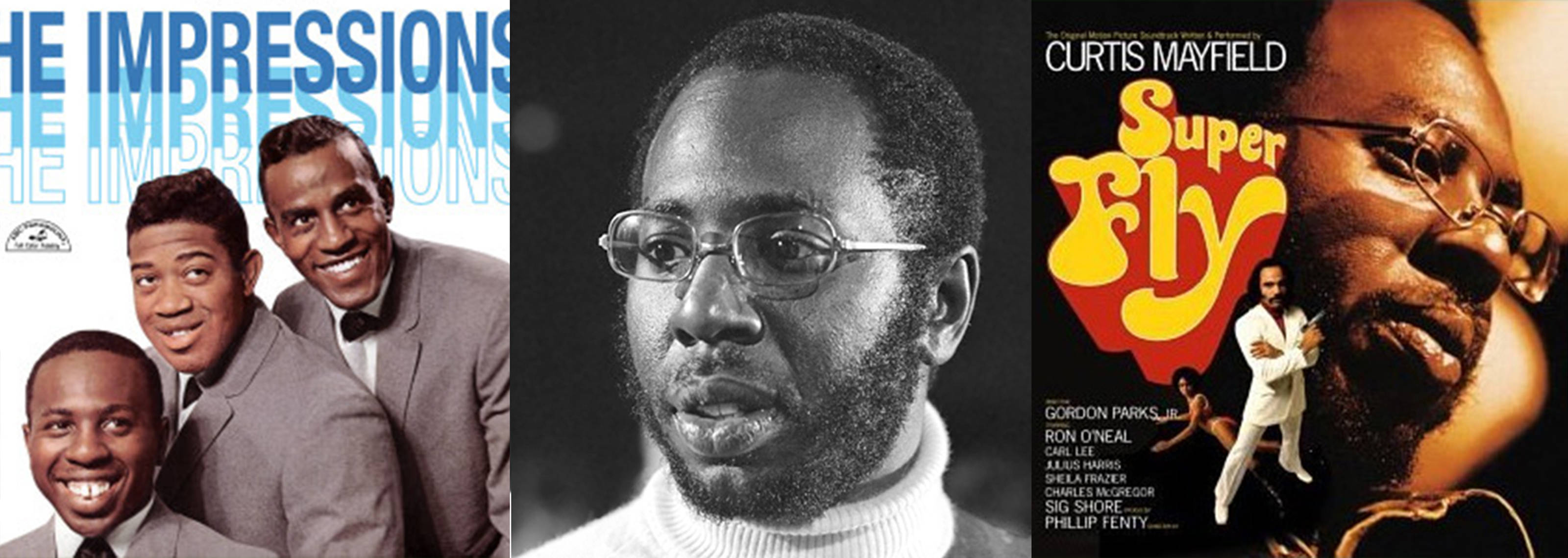 Celebrity 桌布 壁紙 — 三張復古靈魂音樂專輯封面， featuring The Impressions、Curtis Mayfield 和 Super Fly，採用粗體字體和富有表現力的肖像。