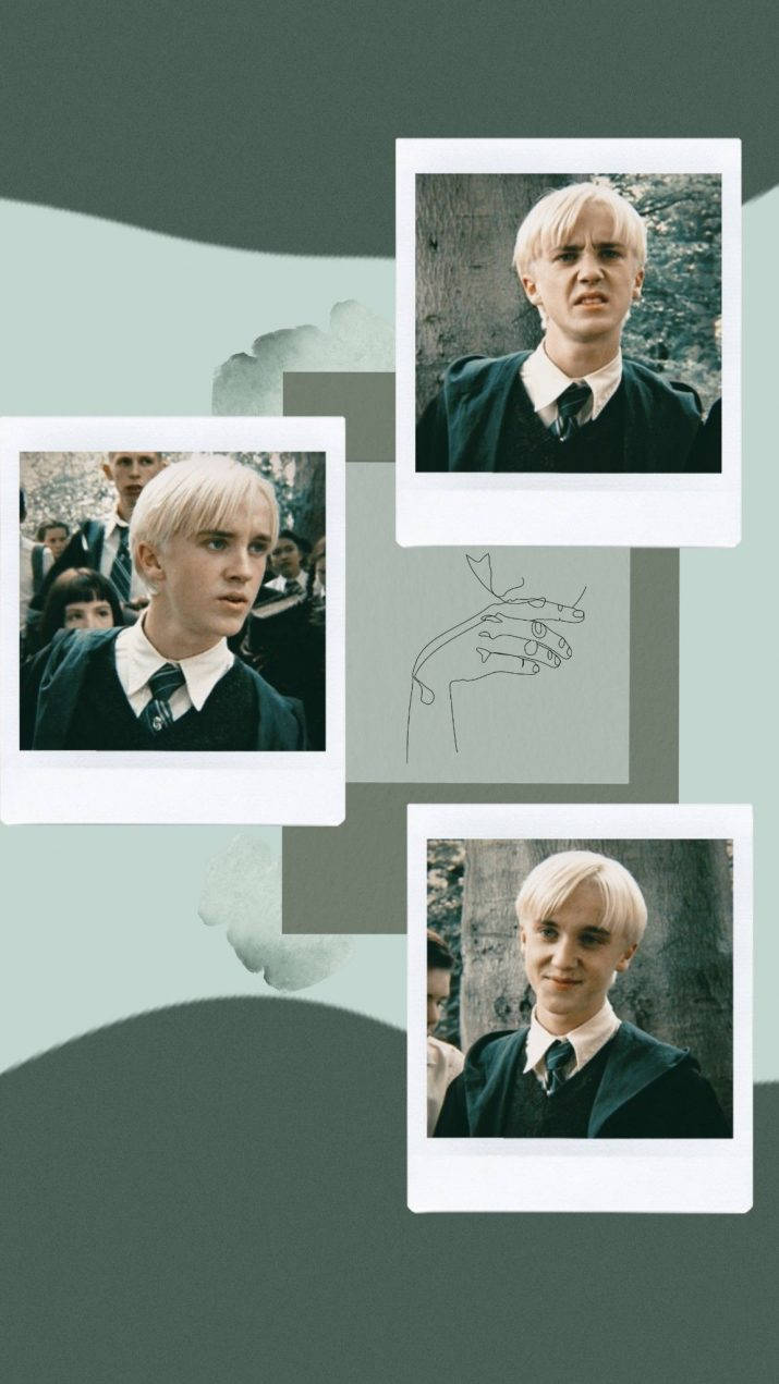 draco 桌布 壁紙 — 三張德拉科·馬爾福穿著霍格華茲校服的拍立得風格照片，疊加在抽象的青綠色和灰色形狀上，並有極簡風格的手部線條畫。