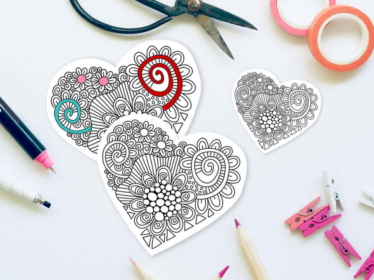 Heart Doodle 桌布 壁紙 — 三張心形著色頁，帶有複雜的漩渦和花朵圖案，周圍環繞著白色表面上的美術用品。