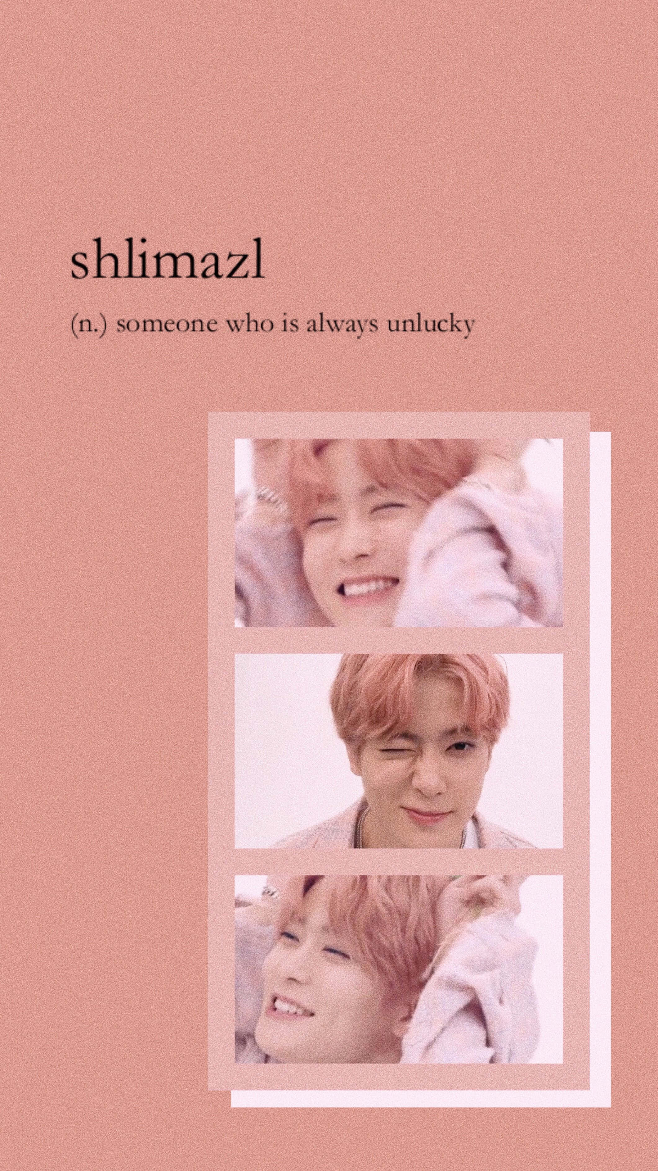 Pink Aesthetic Tumblr 桌布 壁紙 — 三張快樂的特寫照片，展示一位微笑的粉紅髮人物，背景為柔和粉紅色，並附有定義「shlimazl」的文字。