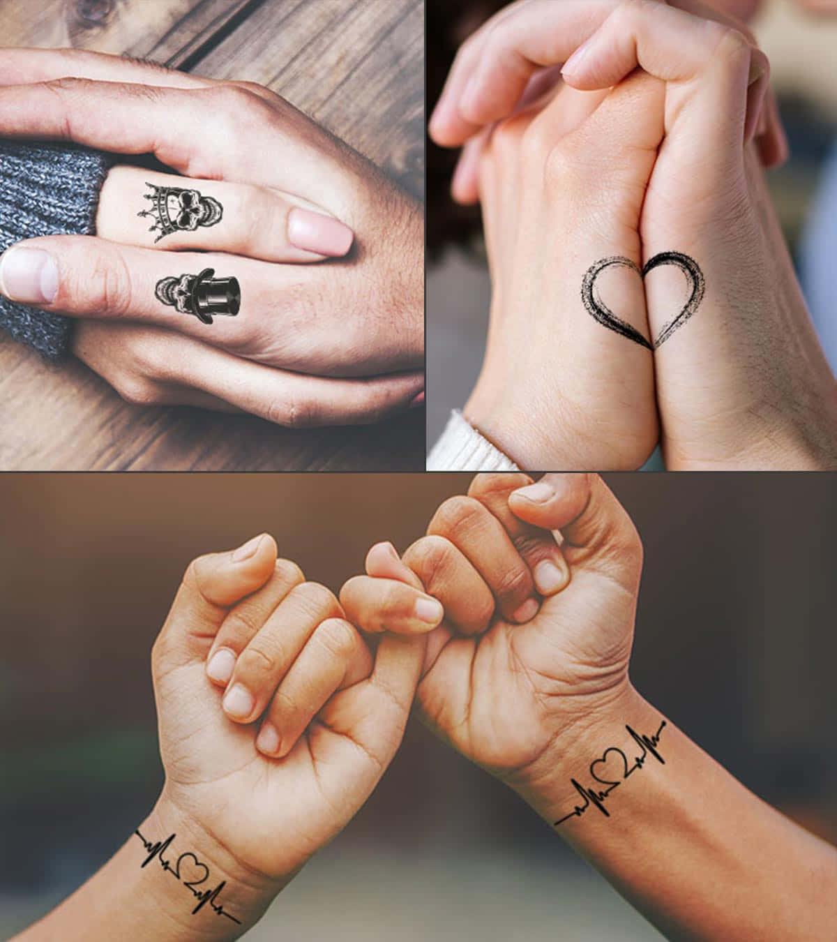Matching Couple Profile 桌布 壁紙 — 三張手部親密特寫，帶有匹配的暫時紋身，象徵愛與連結。