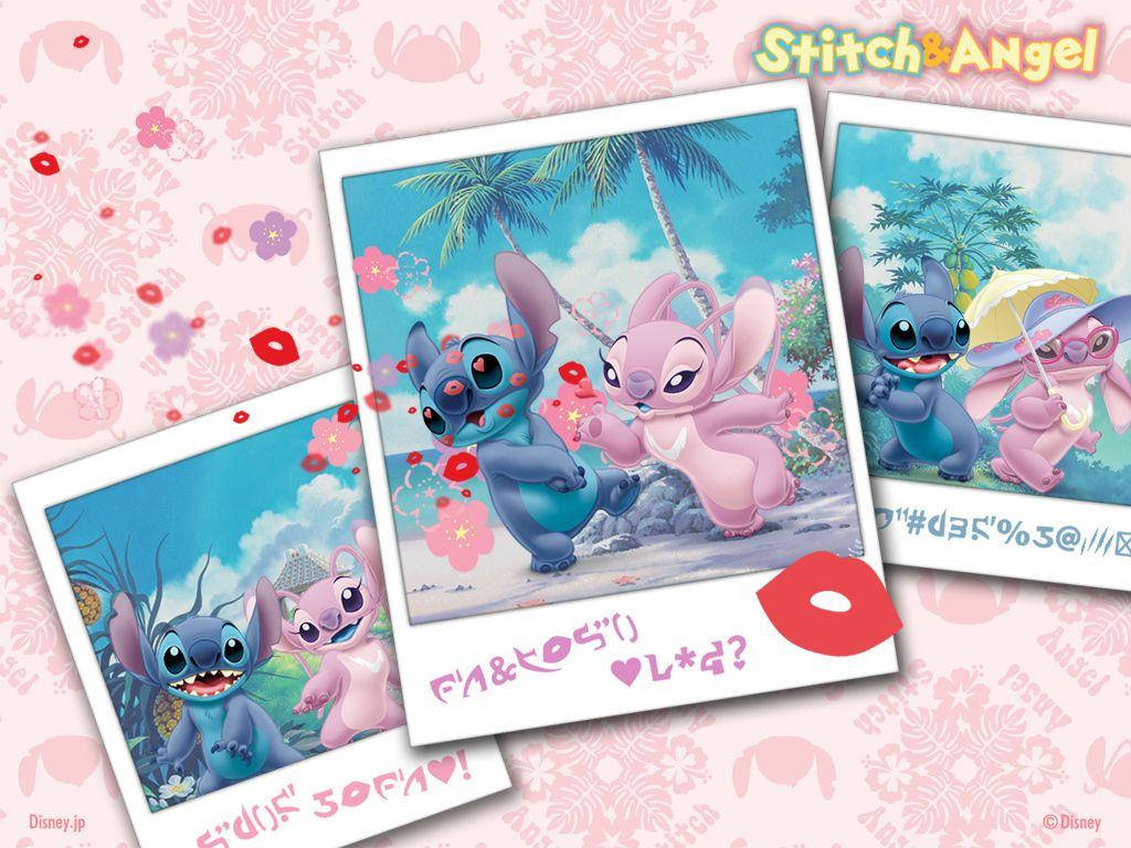 Pink Stitch 桌布 壁紙 — 三張拍立得風格照片展示了史迪奇和安琪在粉紅色花卉背景和日文字幕下的熱帶嬉戲場景。