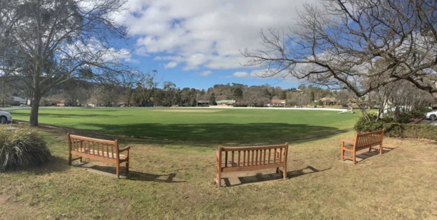 Bench 桌布 壁紙 — 三張木製長椅面向一片廣闊的綠色田野，上方是明亮的藍天，點綴著散落的雲朵和光禿禿的樹木，構成了這幅畫面。