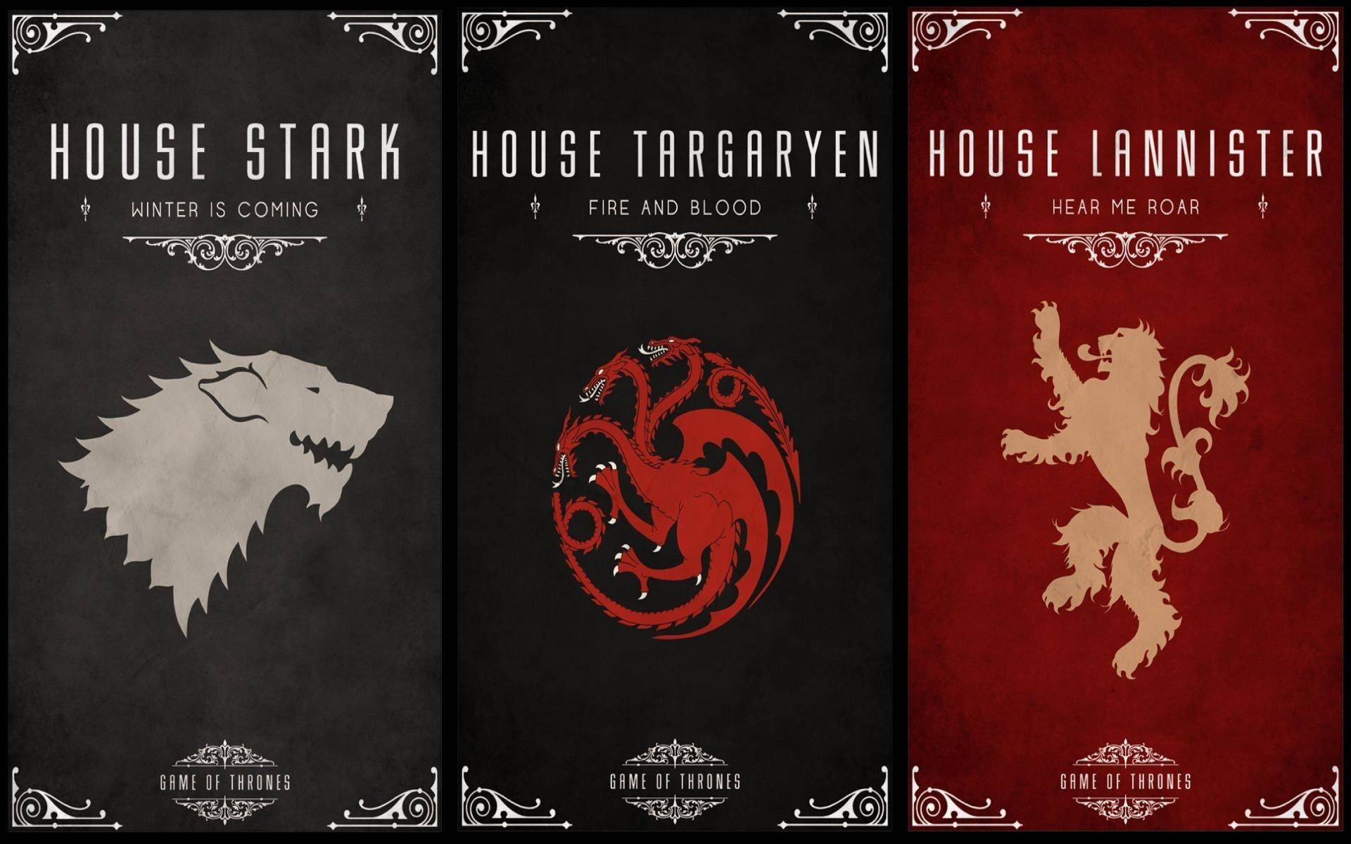 House Lannister 桌布 壁紙 — 三張極簡風格的《權力遊戲》家族海報，每張都有其家徽、格言和配色方案。