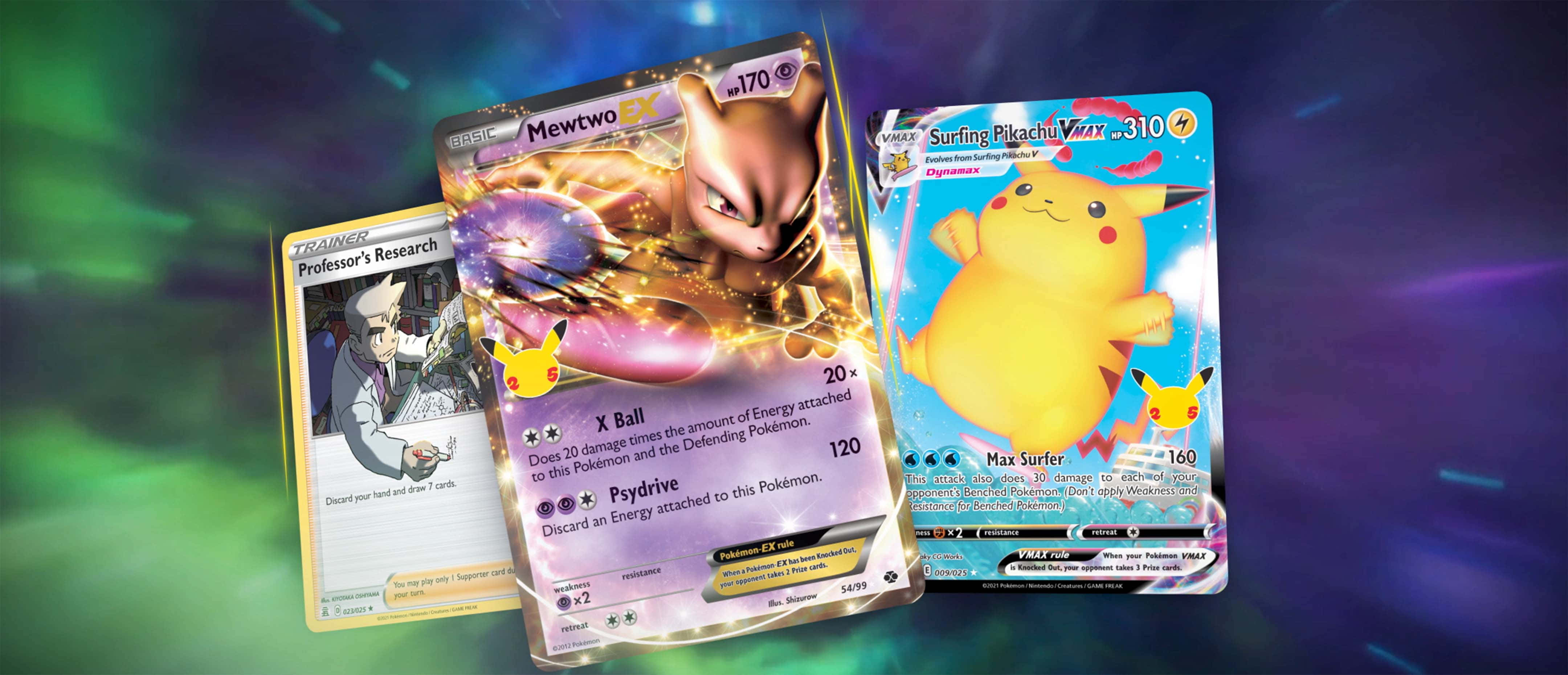 Pokemon Card 桌布 壁紙 — 三張發光的寶可夢交易卡漂浮在充滿活力的宇宙背景上，帶有電光綠和紫色調。