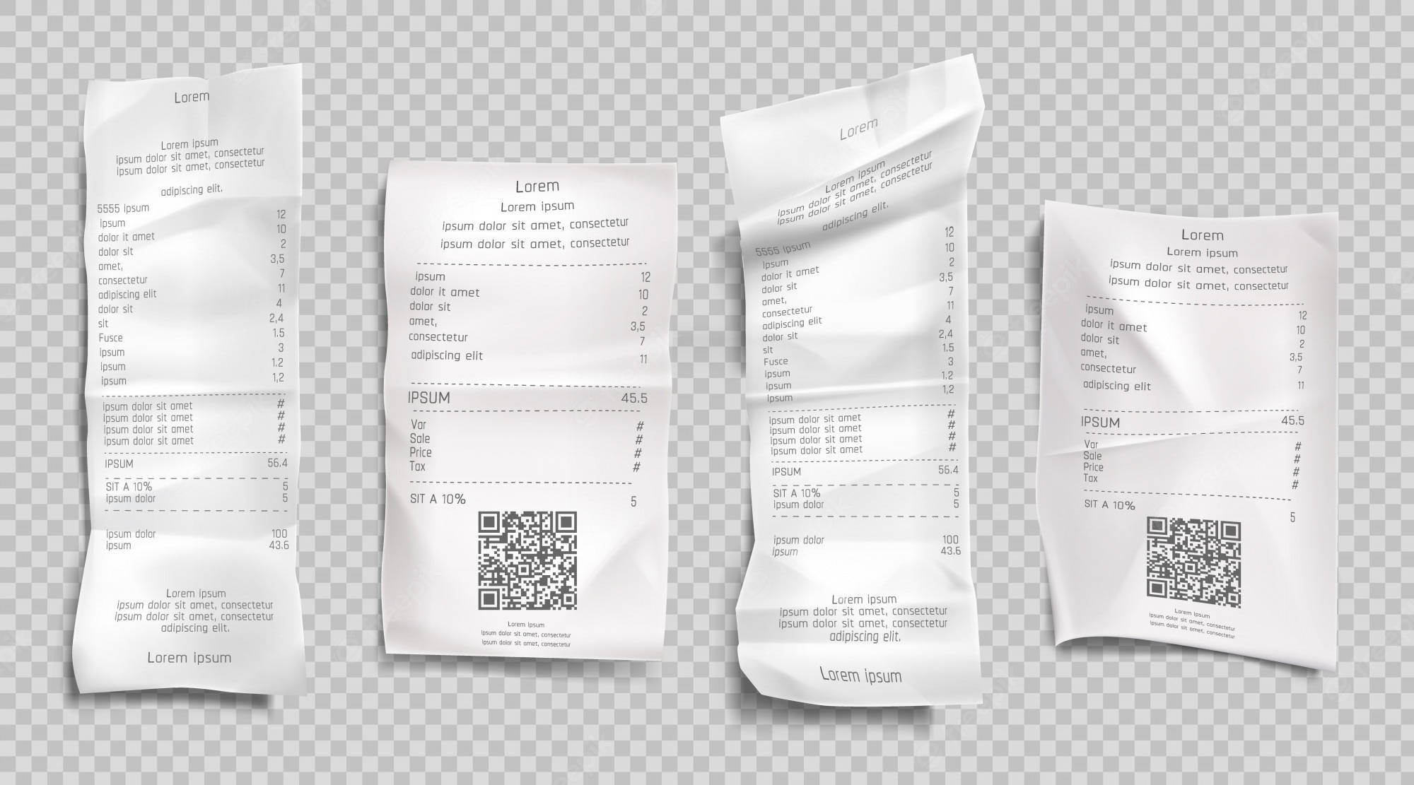 paper 桌布 壁紙 — 三張皺巴巴的白色收據，帶有佔位文字和QR碼，漂浮在透明棋盤格背景上。