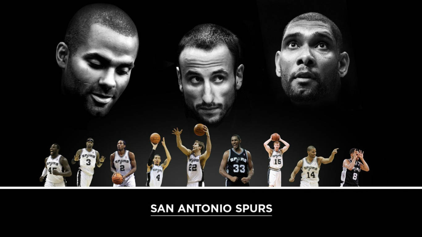 Spurs 桌布 壁紙 — 三張聖安東尼奧馬刺傳奇球星的大型黑白頭像，懸掛在一排較小、持球動作中的球員上方。