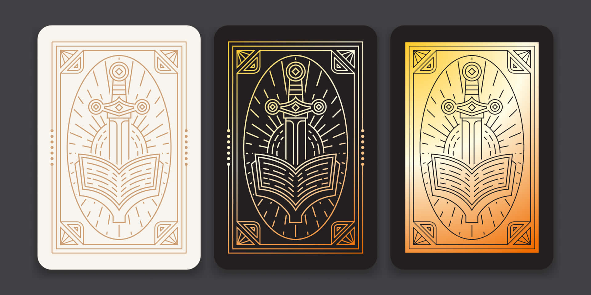 Tarot Card 桌布 壁紙 — 三張華麗的塔羅牌，每張都有一把劍放在打開的書本上，帶有幾何邊框，採用奶油色、黑色和金色漸變。