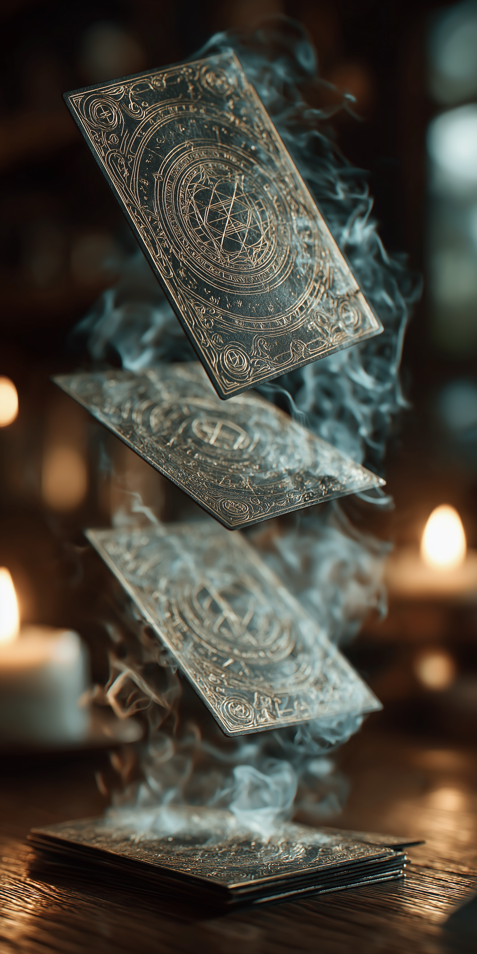 Cards 桌布 壁紙 — 三張華麗的金屬卡牌在旋轉的煙霧中漂浮在木桌上的一疊牌上方，燭光照亮桌面。