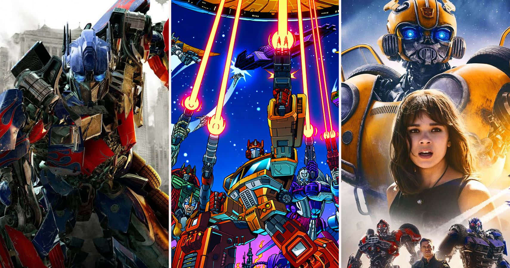 變形金剛 桌布 壁紙 — 三張變形金剛電影海報， featuring Optimus Prime、Bumblebee 和人類角色，在充滿活力的霓虹燈光和城市背景下展現動態動作場景。
