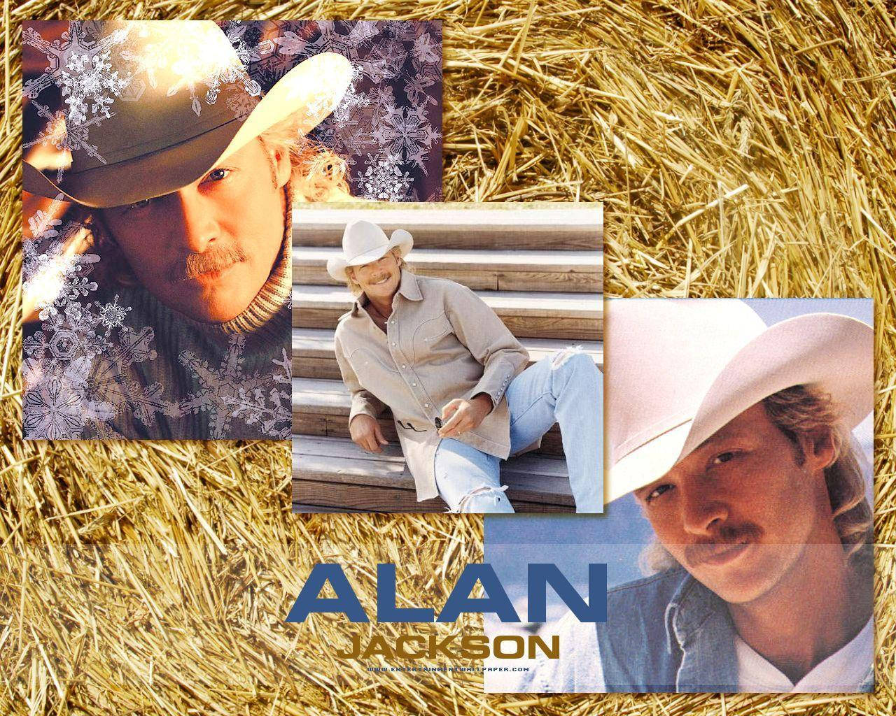 Alan Jackson 桌布 壁紙 — 三張鄉村歌手Alan Jackson戴著牛仔帽的照片，背景是金色乾草。