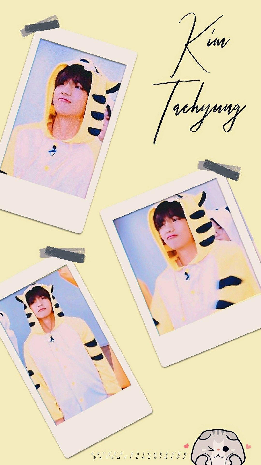 Taehyung Cute 桌布 壁紙 — 三張金泰亨穿著黃色老虎連體衣的拍立得照片，用膠帶貼在淡黃色的牆上。