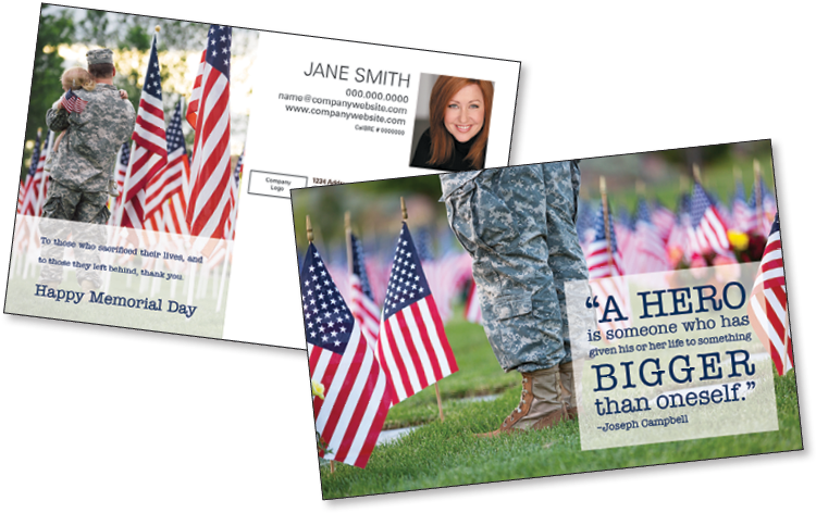 Memorial Day 桌布 壁紙 — 三張陣亡將士紀念日賀卡，上面有士兵手持旗幟，以及關於英雄的引言，背景是綠色草地。