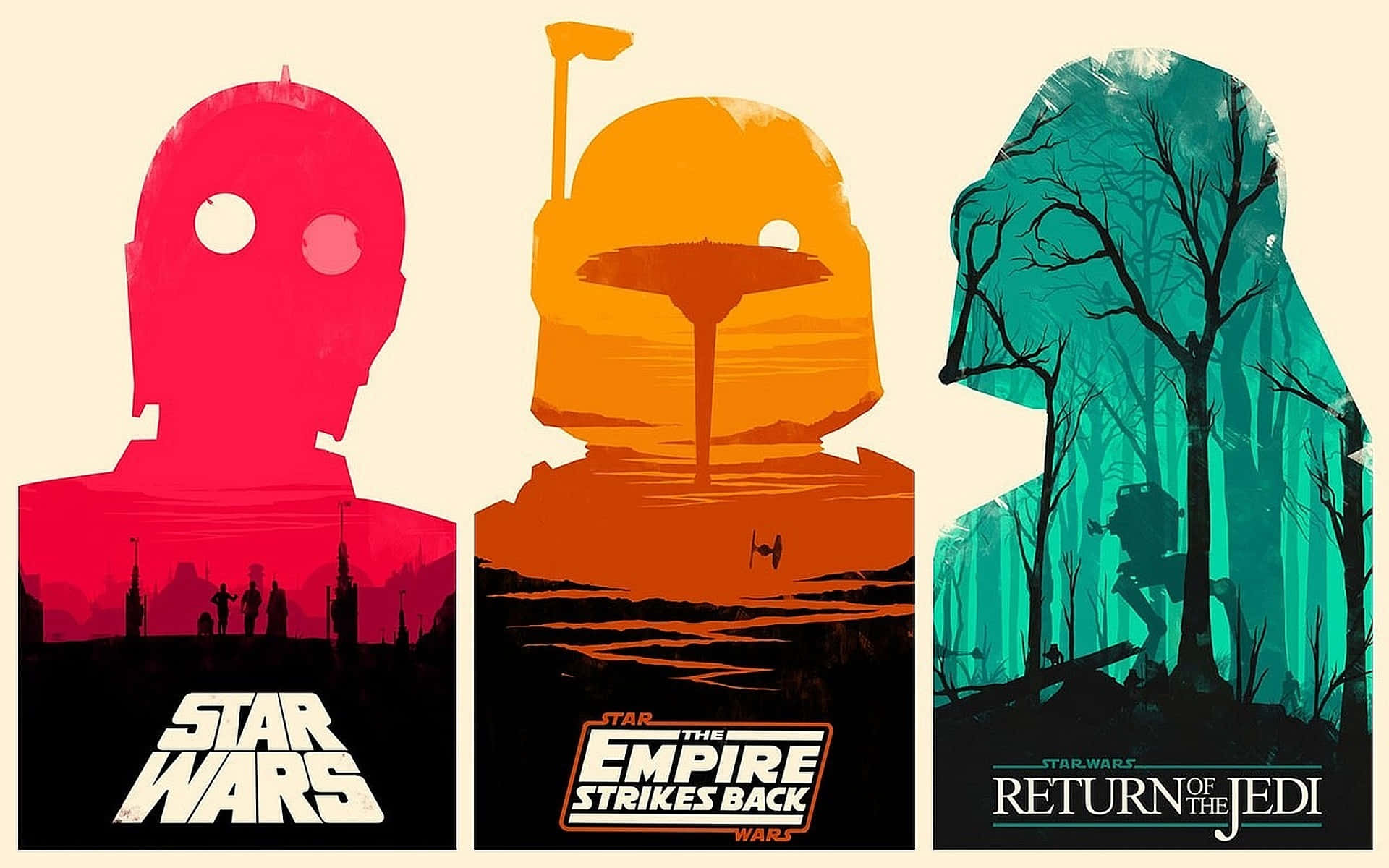 Return Of The Jedi 桌布 壁紙 — 三張風格化的星際大戰電影海報， featuring C-3PO、一個有TIE戰機的沙漠星球，以及一個有絕地武士剪影的森林。