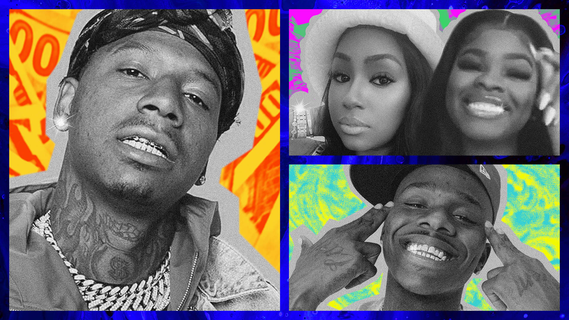 Moneybagg Yo 桌布 壁紙 — 三張黑白人像照片的拼貼，背景為充滿活力的抽象圖案，帶有鮮豔的霓虹色彩。