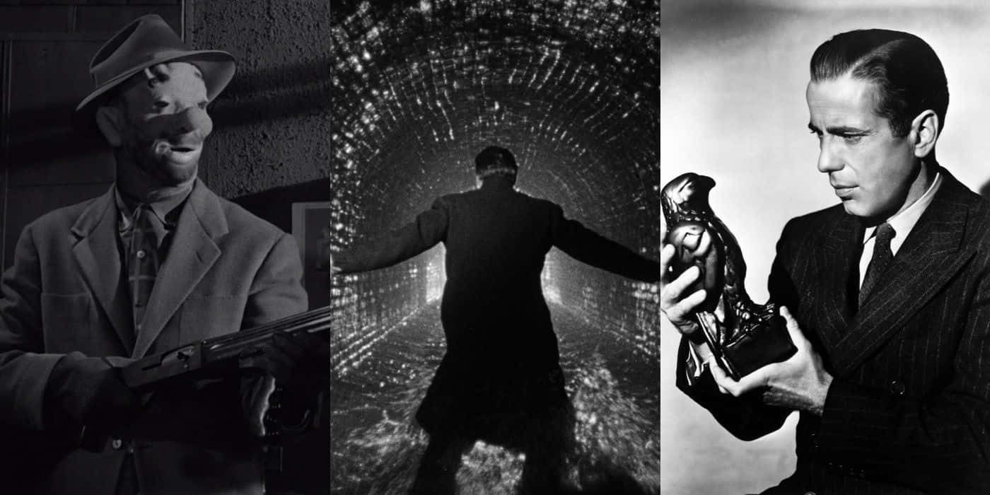 Film Noir 桌布 壁紙 — 三張黑白電影劇照：一個持槍微笑的男人、隧道中的身影、以及一個抱著雕像的男人。