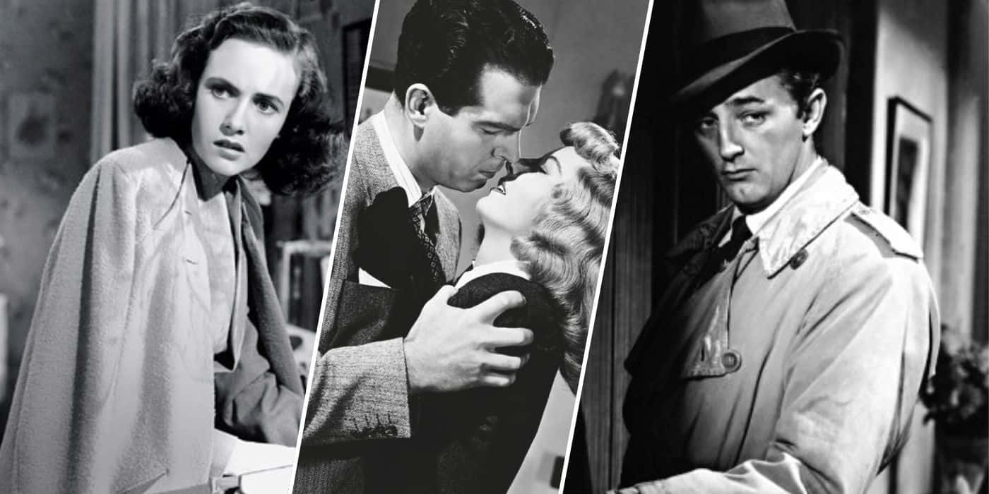 Film Noir 桌布 壁紙 — 三張黑白電影劇照展示了經典好萊塢電影中的戲劇性表情和親密時刻。