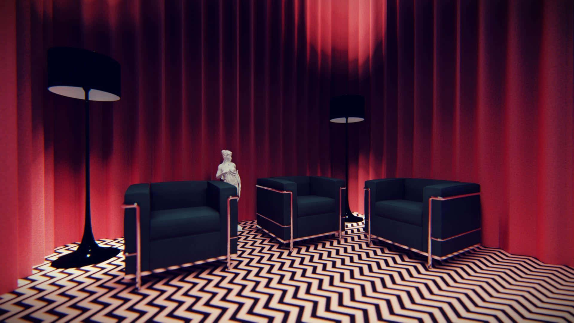 Red Room 桌布 壁紙 — 三張黑色扶手椅搭配鍍鉻框架，放置在鮮明的鋸齒紋地板上，襯托著戲劇性的紅色窗簾。