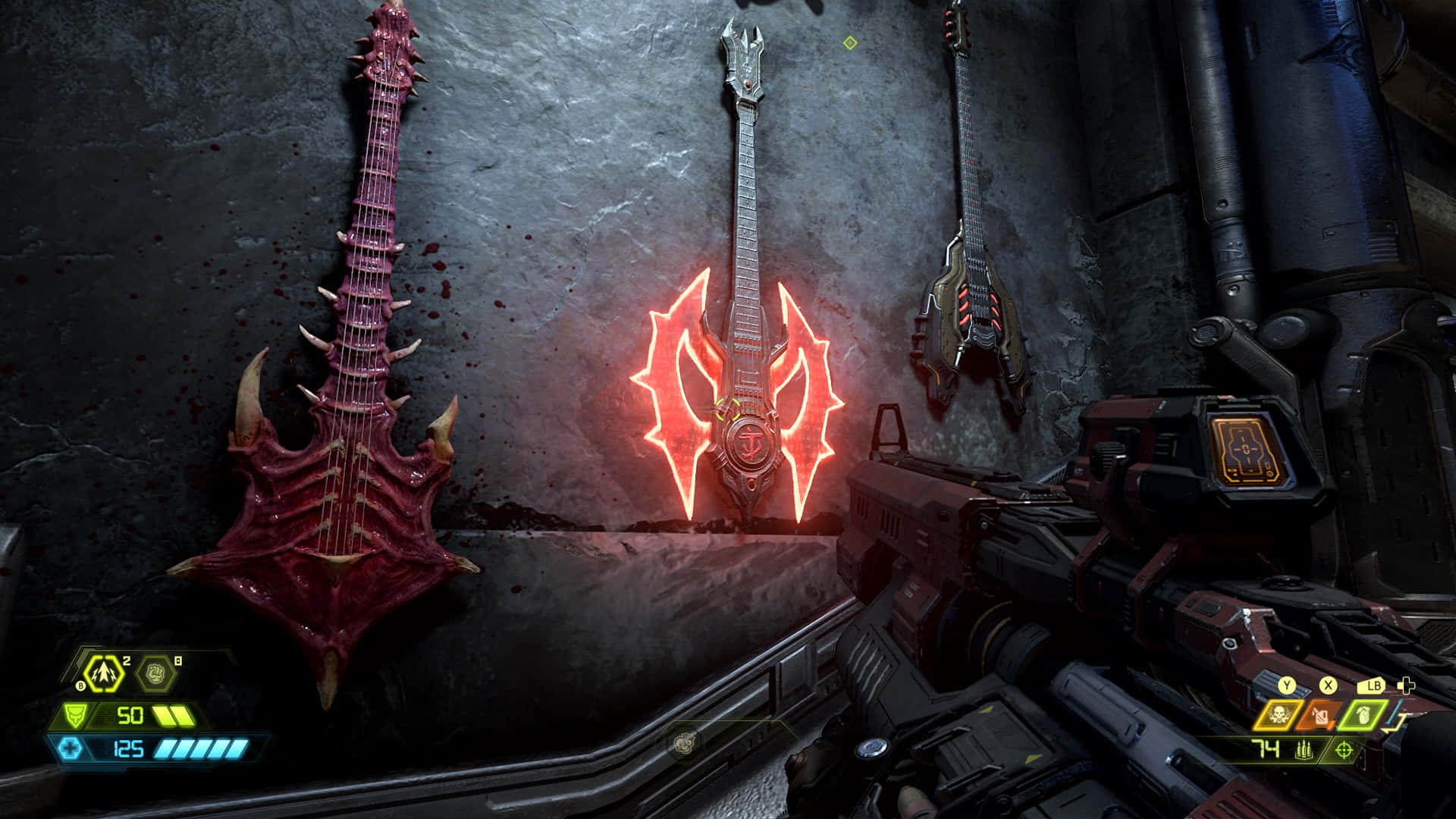 Doom Eternal HD 桌布 壁紙 — 三把具威脅性的未來風格吉他掛在骯髒的牆上，位於黑暗科幻遊戲室，前景有武器。