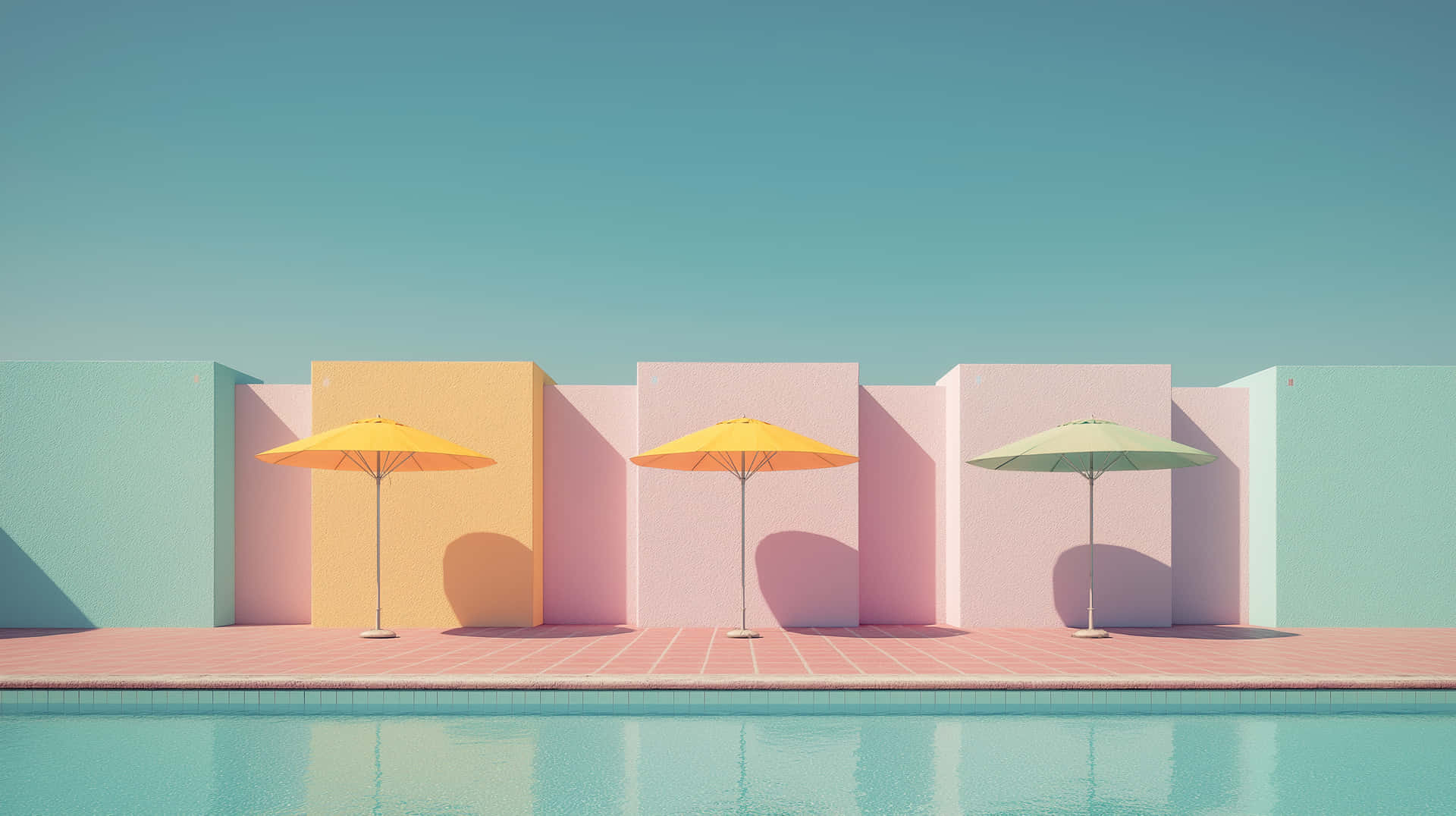 Pastel Paradise Poolside with Geometric Walls & Umbrellas 壁紙 — 三把色彩繽紛的雨傘立在泳池邊，背景是粉彩幾何牆壁，上方是清澈的藍天。
