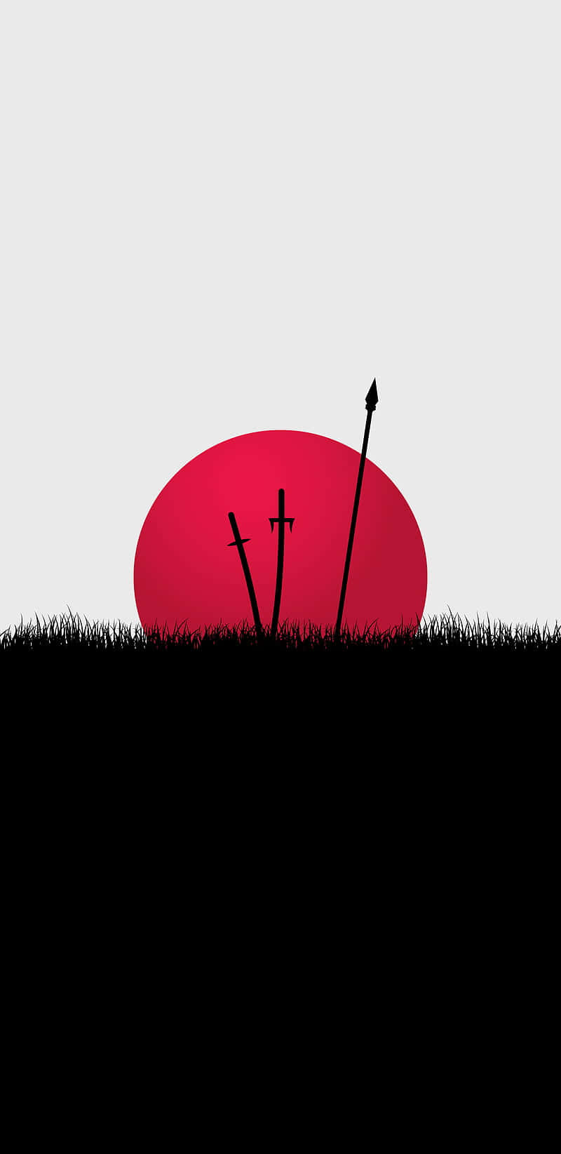 Black White And Red 桌布 壁紙 — 三把黑色長矛和劍在黑暗的草地地平線上升起的鮮紅太陽襯托下形成剪影。