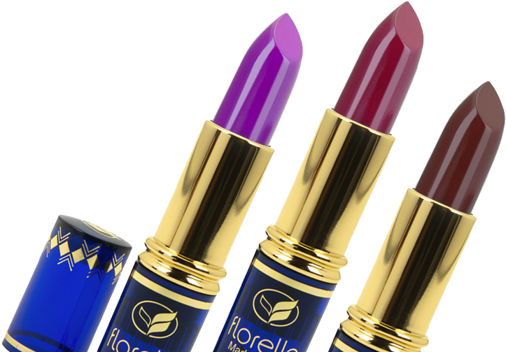 Cosmetics Products 桌布 壁紙 — 三支奢華唇膏，紫色、洋紅色和棕色調，金色蓋子，藍色包裝，在 stark 黑色背景上。