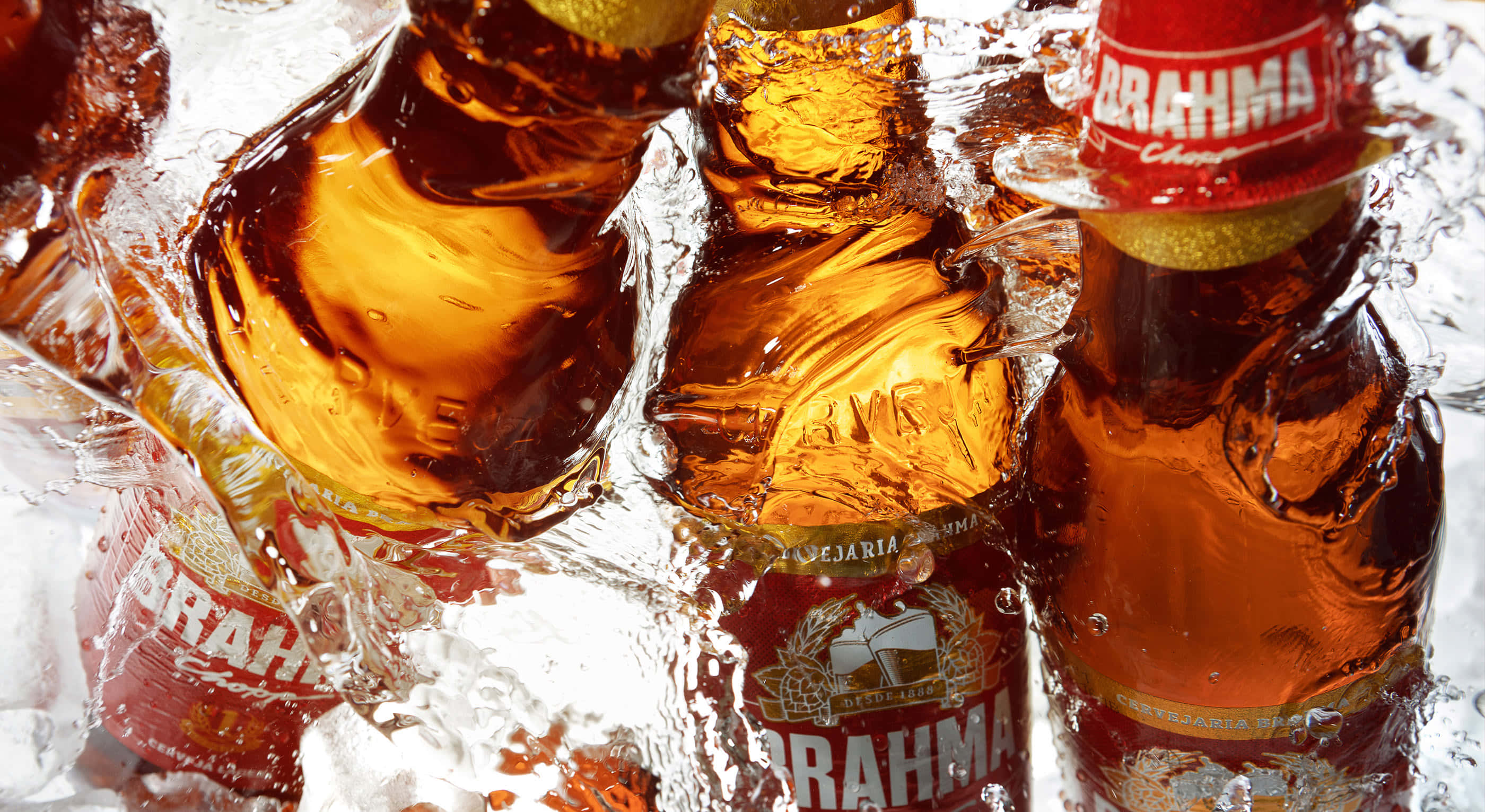 alcohol 桌布 壁紙 — 三支琥珀色的 Brahma 啤酒瓶浸在清澈的冰塊中，周圍有水花飛濺。