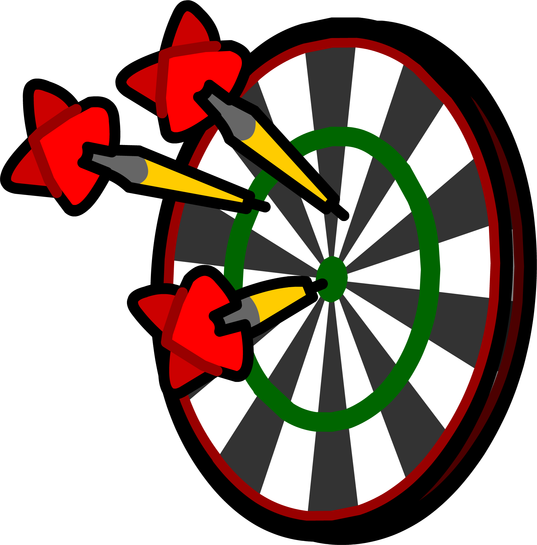 darts 桌布 壁紙 — 三支紅頭飛鏢刺穿經典飛鏢靶的靶心，背景為純黑色。