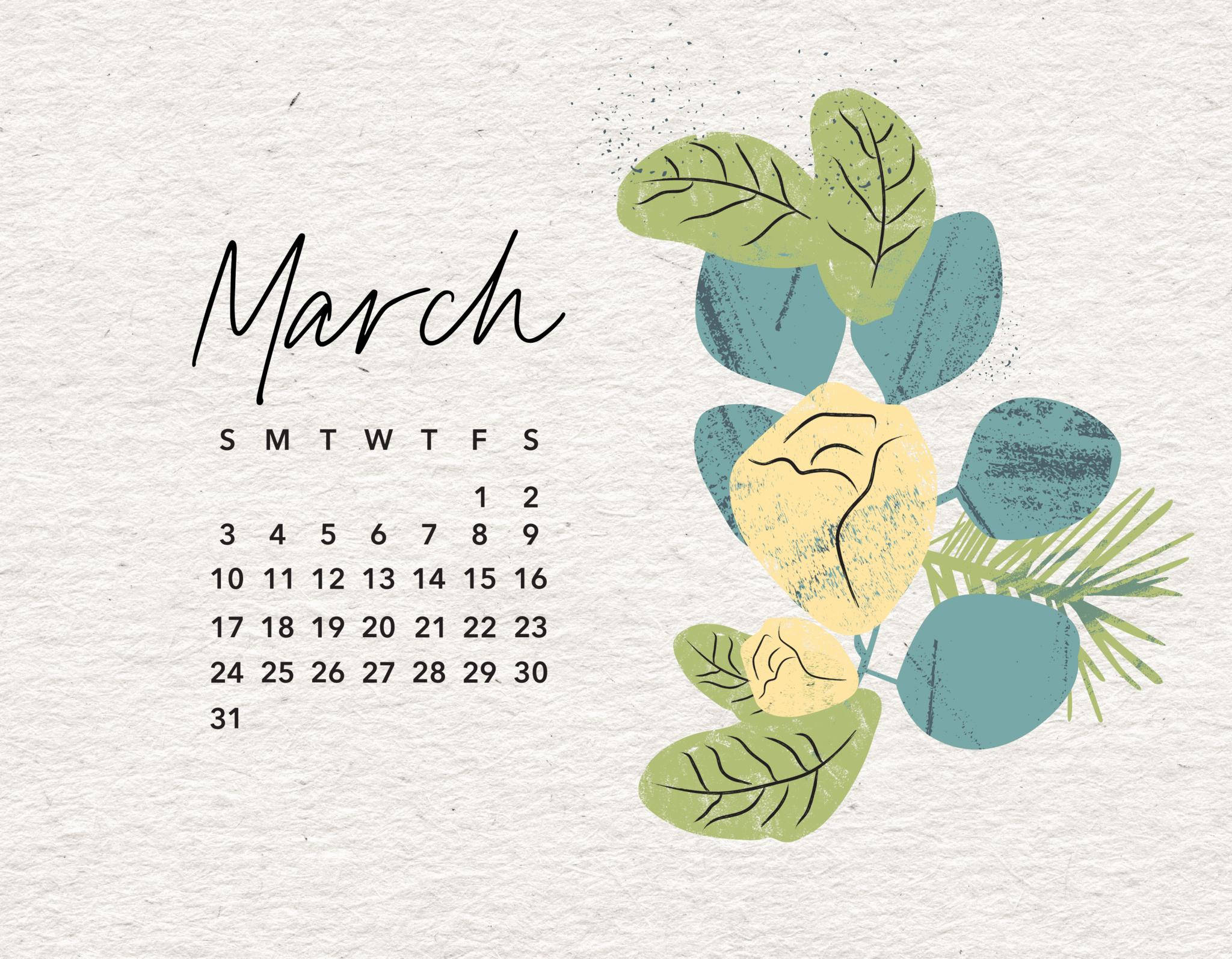 March 桌布 壁紙 — 三月日曆，帶有手繪樹葉和花朵，背景為紋理紙。