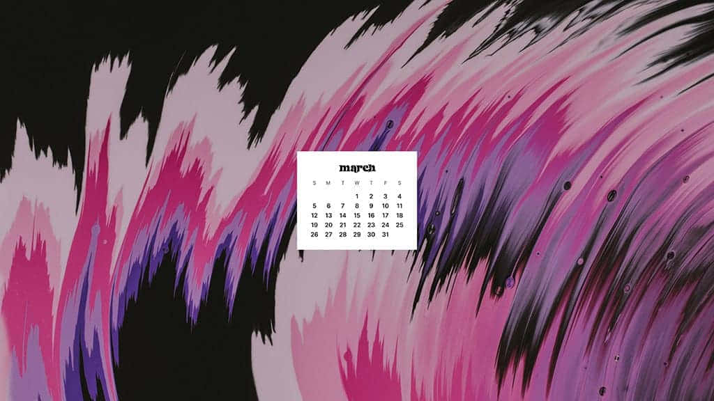 March Desktop 桌布 壁紙 — 三月日曆漂浮在粉紅色、紫色和黑色筆觸的動態抽象背景上。