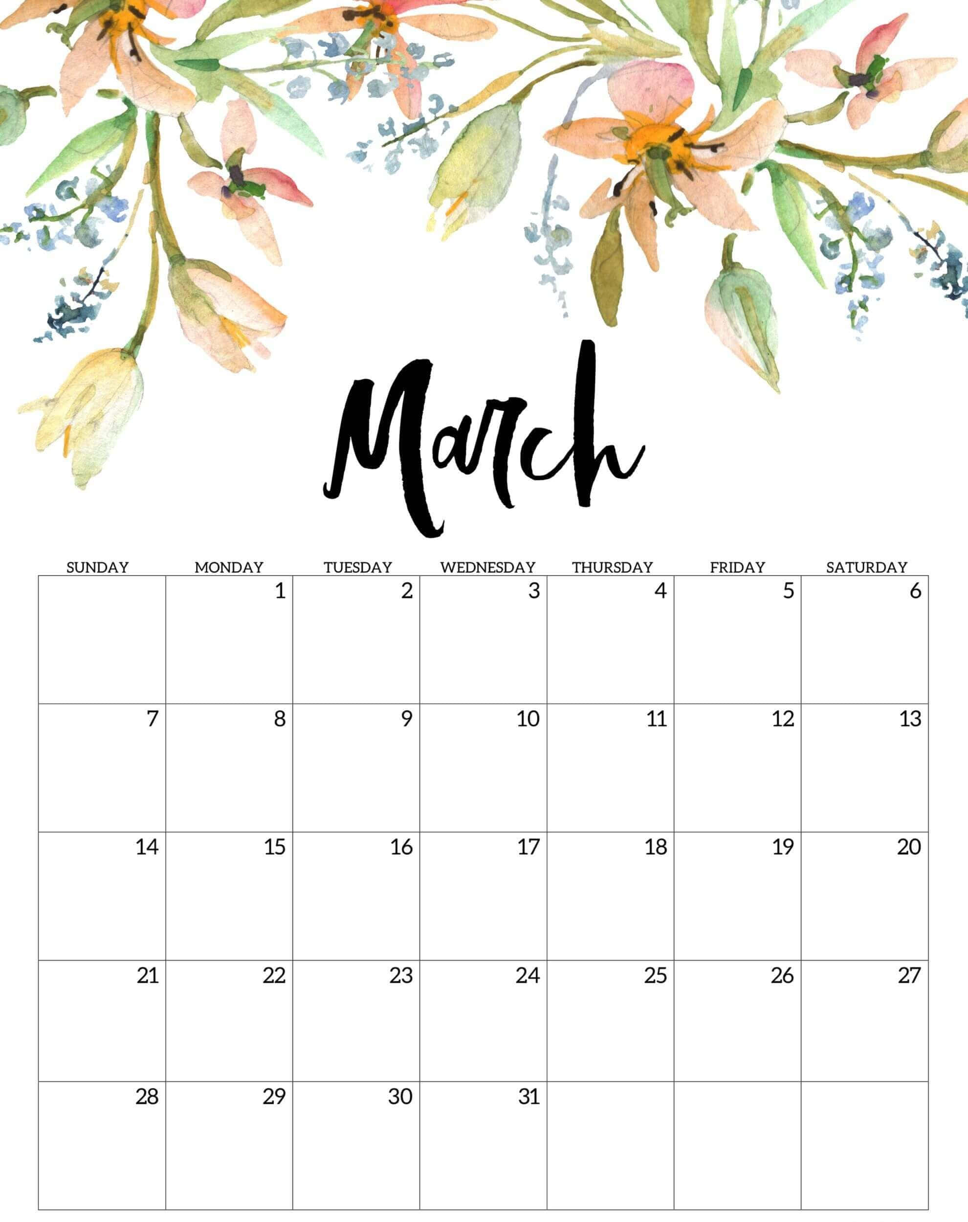 March 桌布 壁紙 — 三月水彩花卉月曆，以蜜桃橙色花朵和綠葉框住月份名稱。