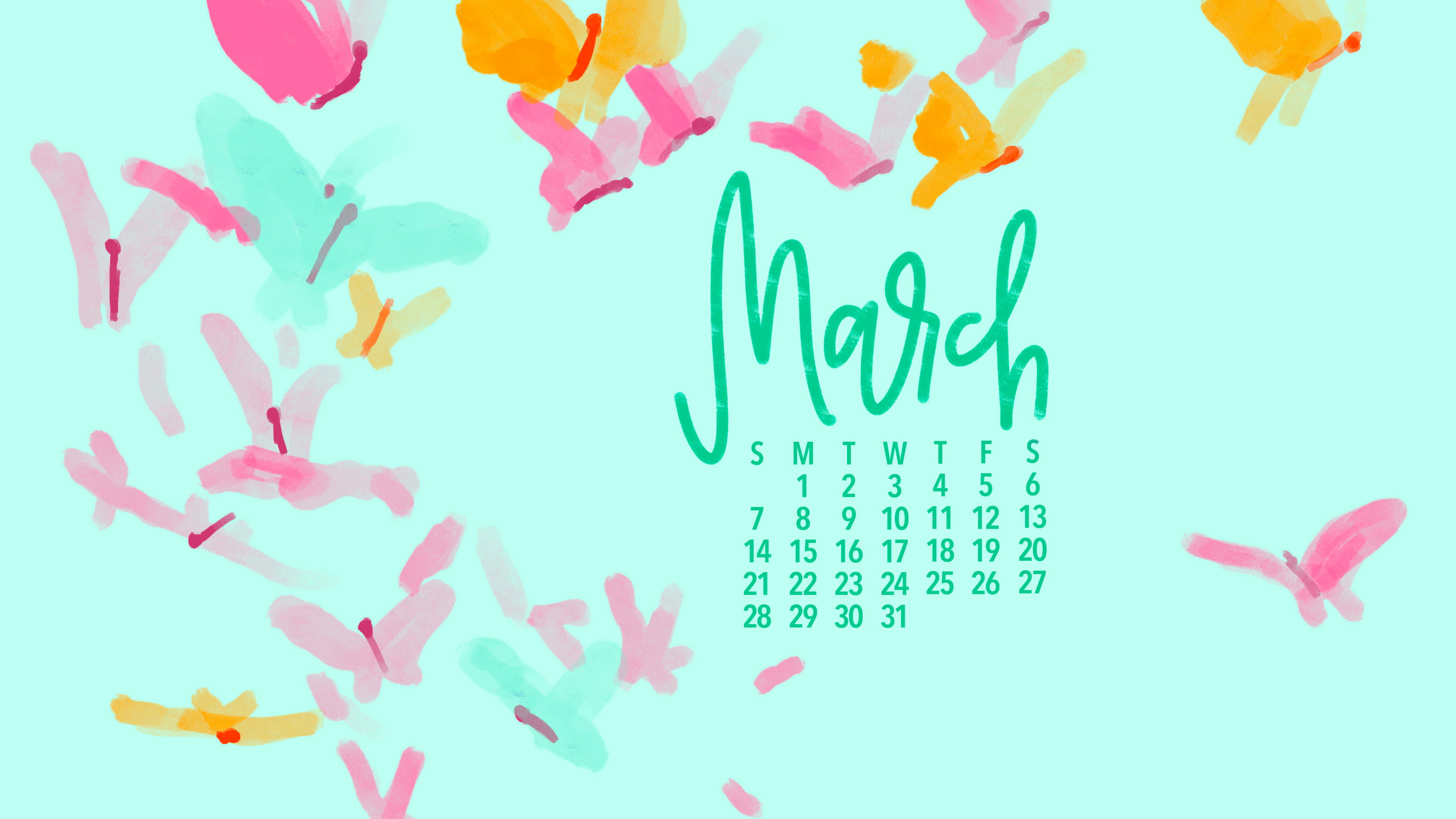 Cute March 桌布 壁紙 — 三月的薄荷色粉彩月曆，粉紅、黃色和藍綠色的水彩蝴蝶在手寫月份名周圍飛舞。