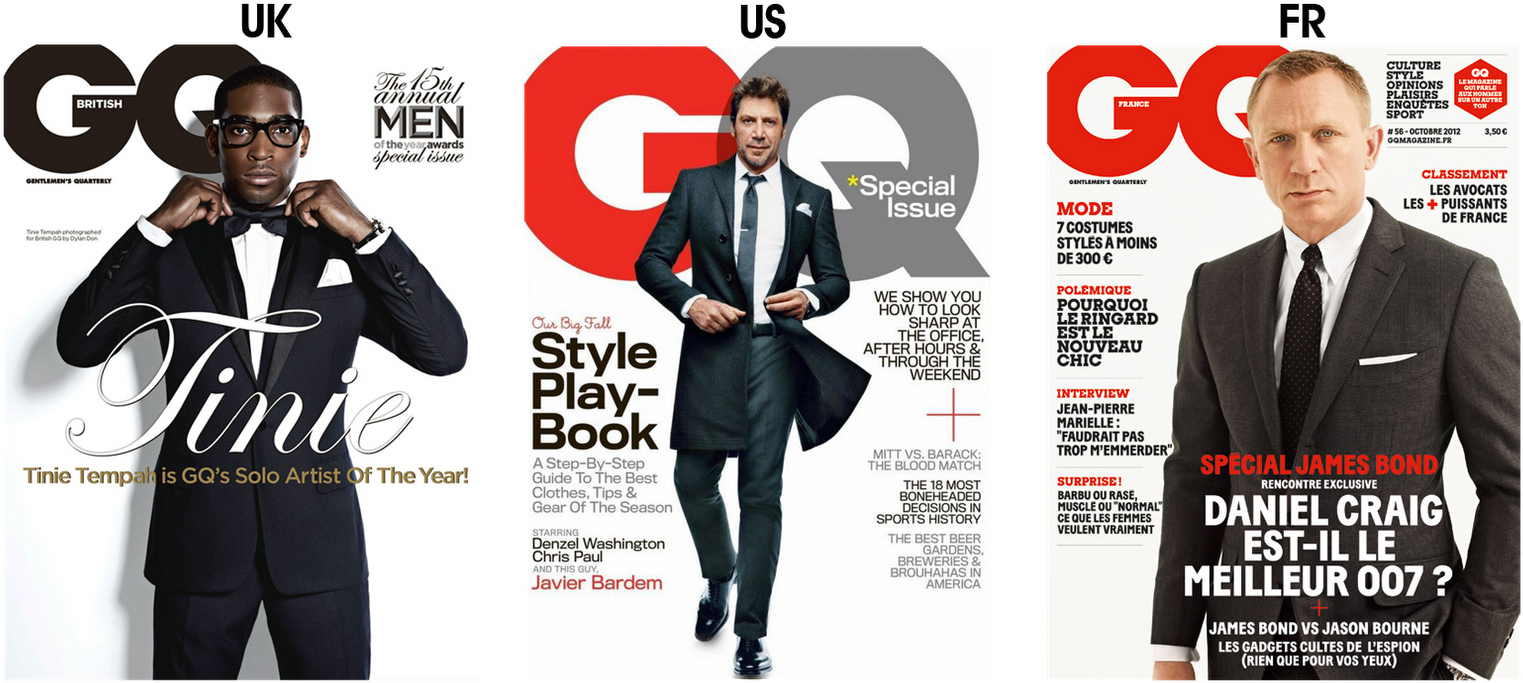 雜誌 桌布 壁紙 — 三本GQ雜誌封面，展示穿著正式西裝的時尚男士在白色背景前自信地擺姿勢。