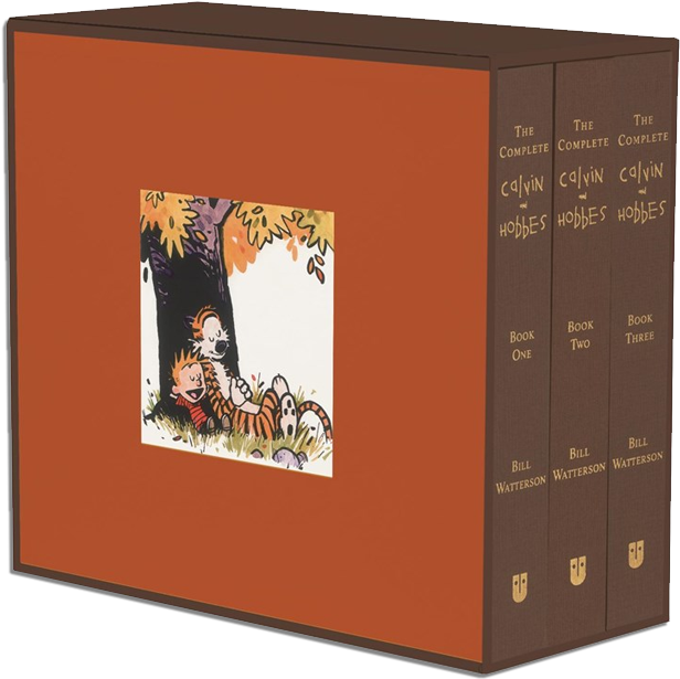 凱文的幻虎世界 桌布 壁紙 — 三本名為《The Complete Calvin and Hobbes》的棕色精裝書直立著，封面插圖是卡爾文和霍布斯在樹下。