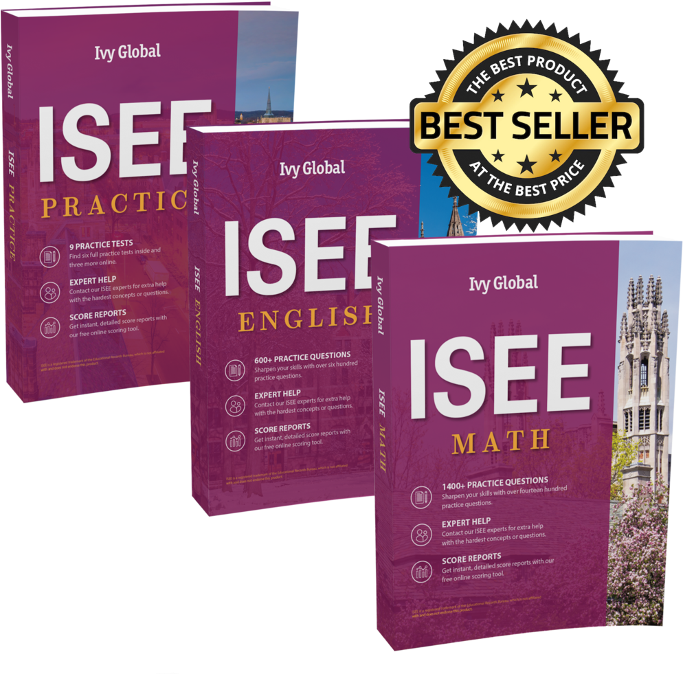 書本 桌布 壁紙 — 三本紫色的 Ivy Global ISEE 預備書籍，涵蓋數學、英語和練習測試，並帶有金色暢銷書印章。