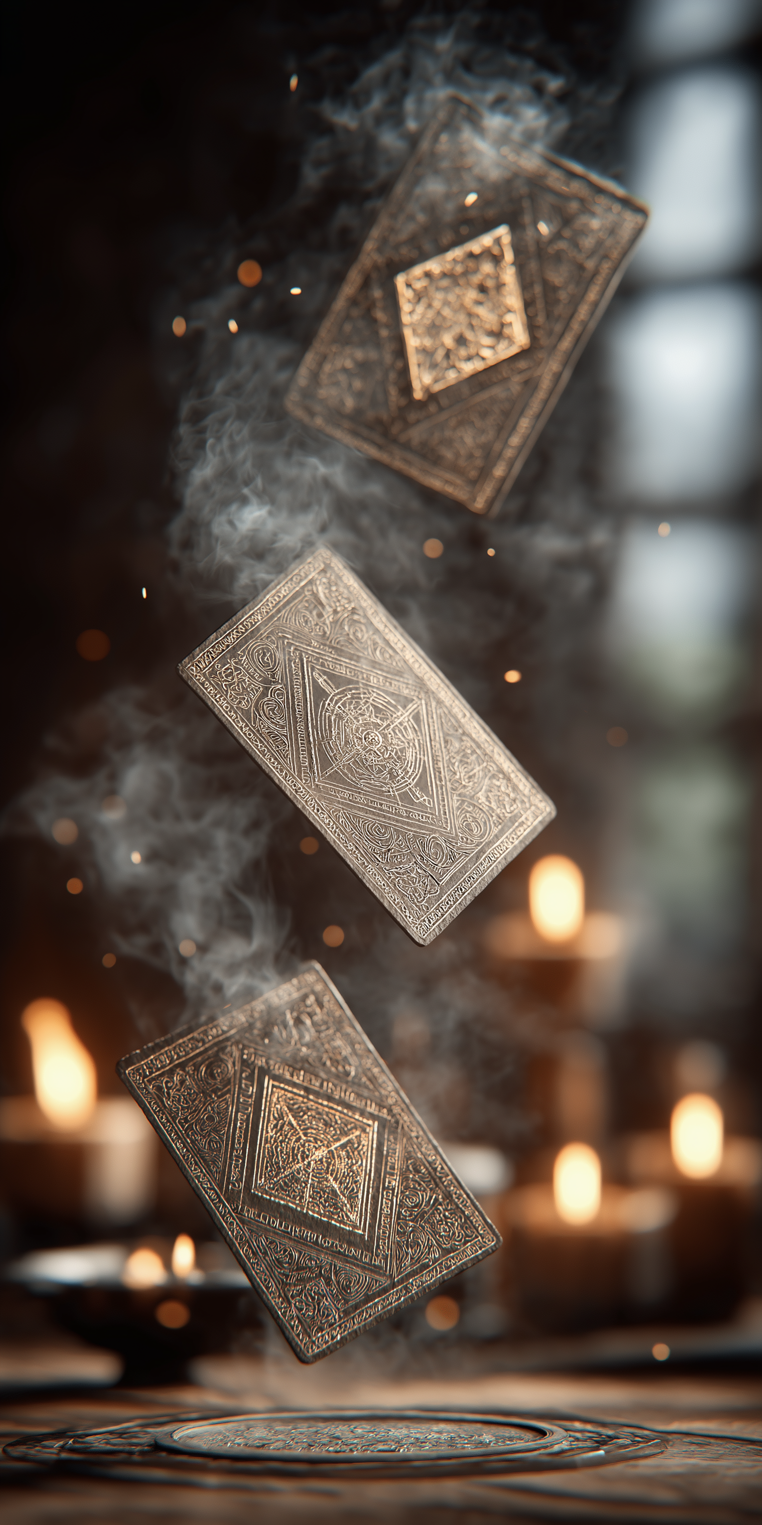 Cards 桌布 壁紙 — 三本華麗的古書懸浮在旋轉的煙霧中，漂浮在發光的圓形符印上方，背景有閃爍的燭光。