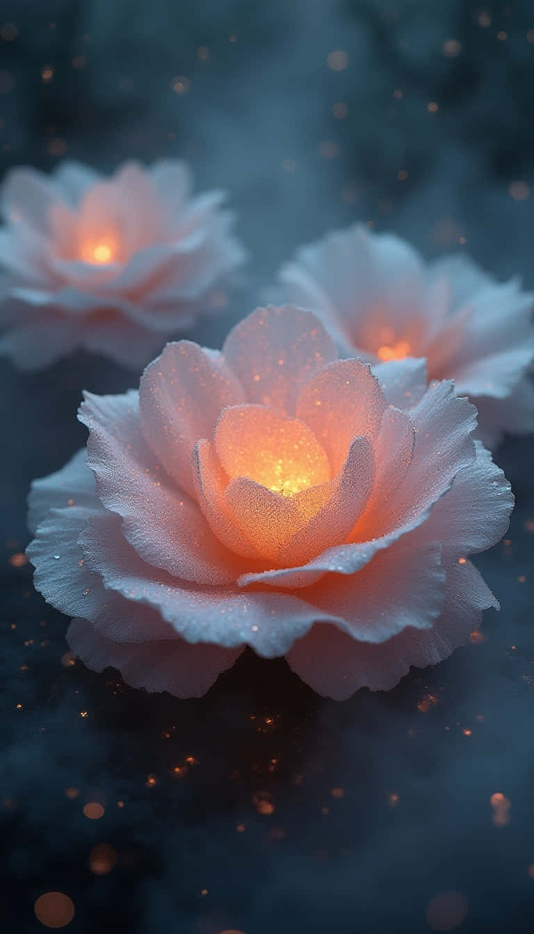 Flower 壁紙 — 三朵帶有金色花心的發光蜜桃玫瑰漂浮在點綴著溫暖散景燈光的迷霧深藍色空間中。