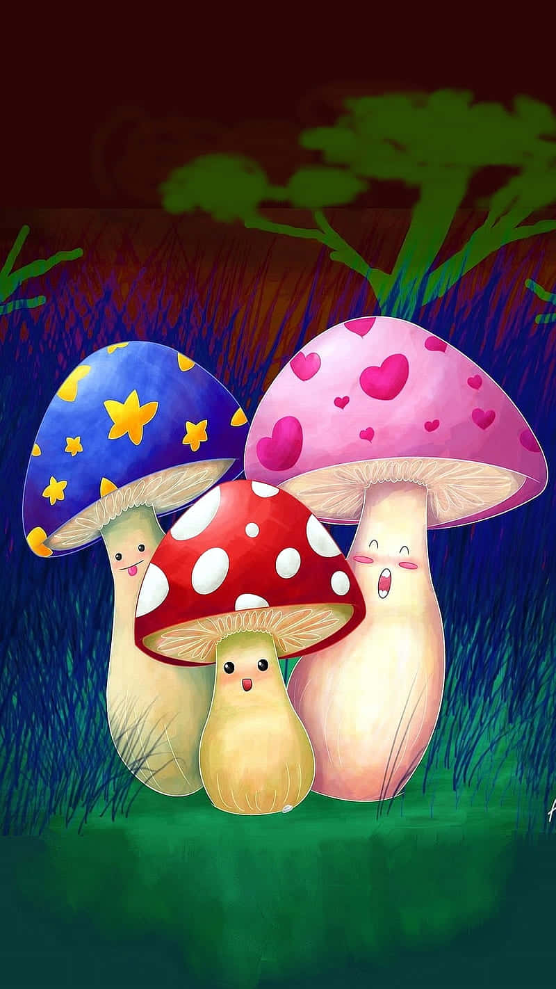 Mushroom Art 桌布 壁紙 — 三朵戴著星星和愛心帽子的快樂卡通蘑菇，站在深紅色天空下的黑暗森林空地中。