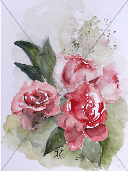 Peony 桌布 壁紙 — 三朵盛開的紅玫瑰與茂盛綠葉的水彩畫，背景柔和有紋理，色彩鮮豔。