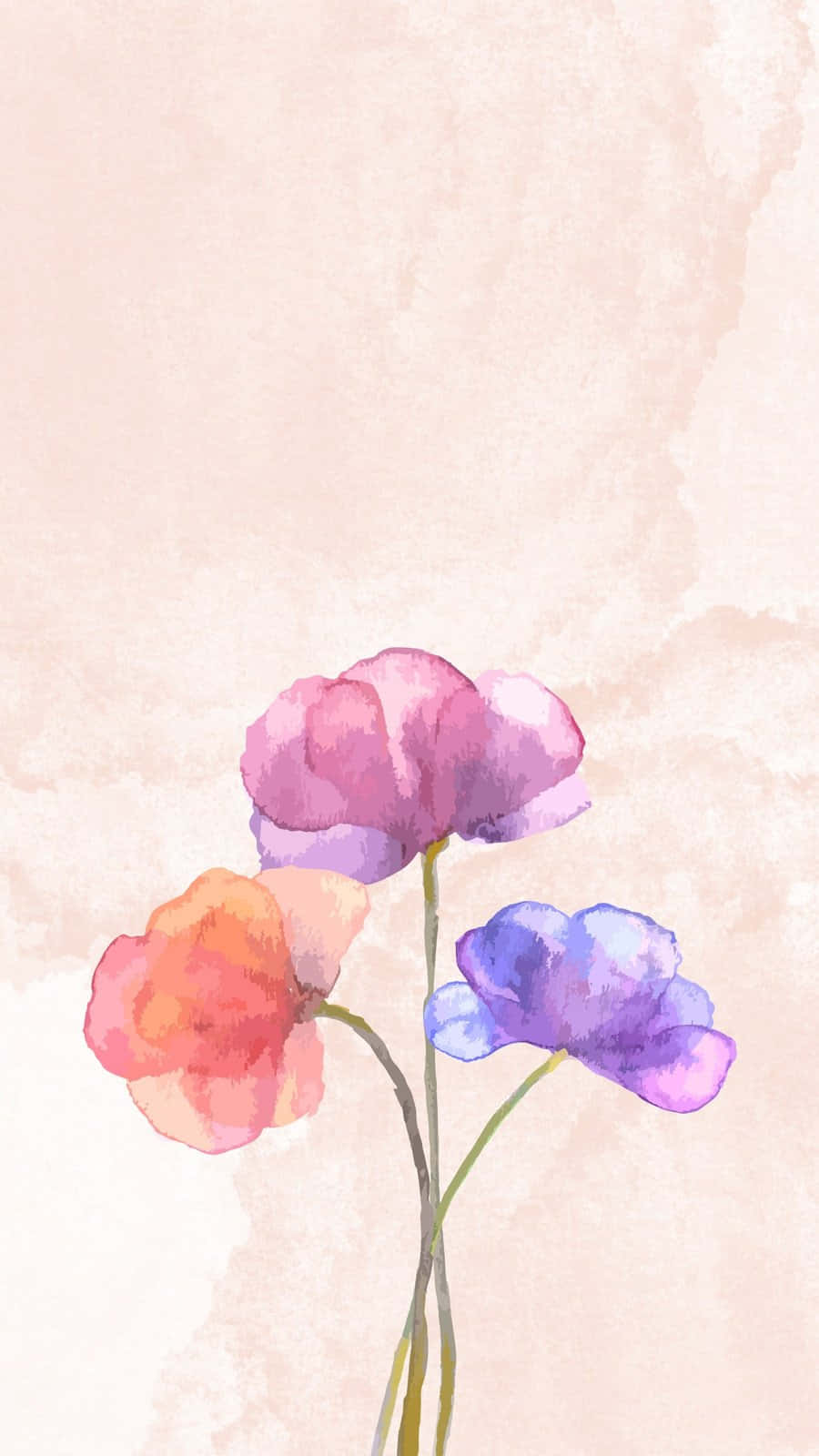 Flower Phone 桌布 壁紙 — 三朵粉紅、橙和紫色的精緻水彩花，在帶有紋理的蜜桃色背景上柔和綻放。