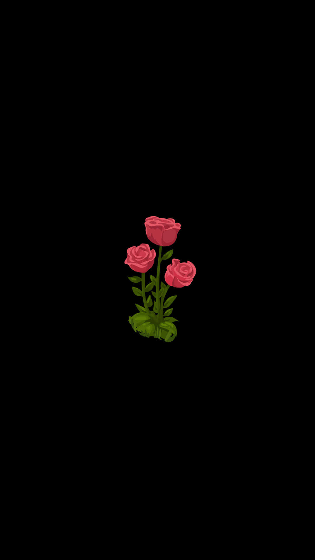 Aesthetic Rose 桌布 壁紙 — 三朵粉紅玫瑰，帶有綠色莖和葉，在純黑色背景上脫穎而出。