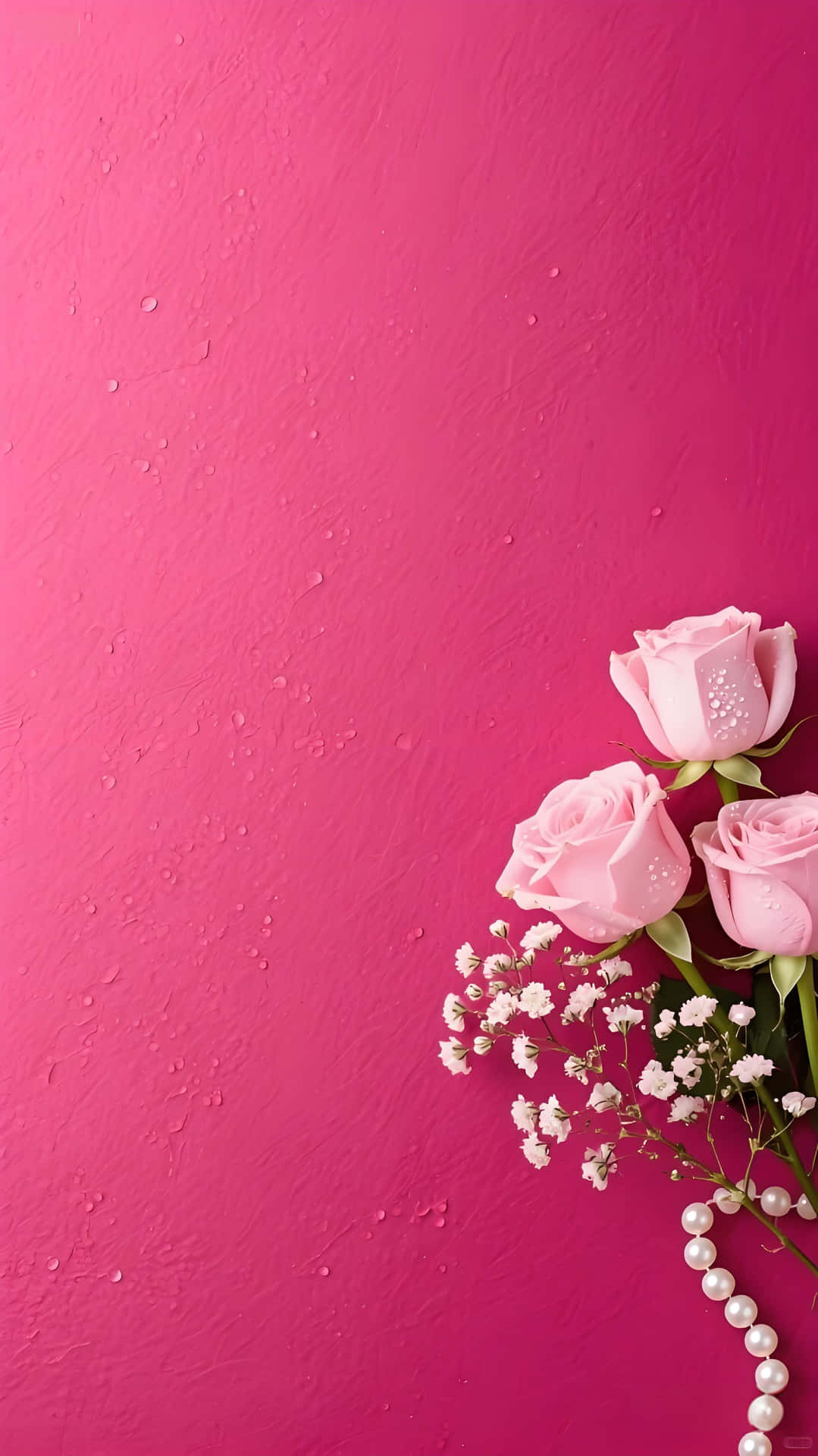 Pink Rose Pearl Charm: Romantic Sweet Floral Wallpaper 壁紙 — 三朵粉紅玫瑰和滿天星帶著露珠，放在有紋理的桃紅色牆上，旁邊有一條珍珠鏈。