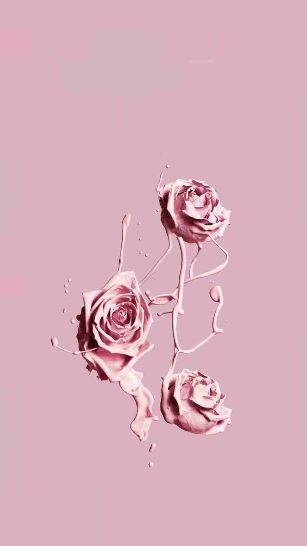 Pink Vintage Aesthetic 桌布 壁紙 — 三朵粉紅玫瑰看起來像油漆一樣潑灑在柔和的粉紅色背景上，呈現超現實的數位藝術風格。