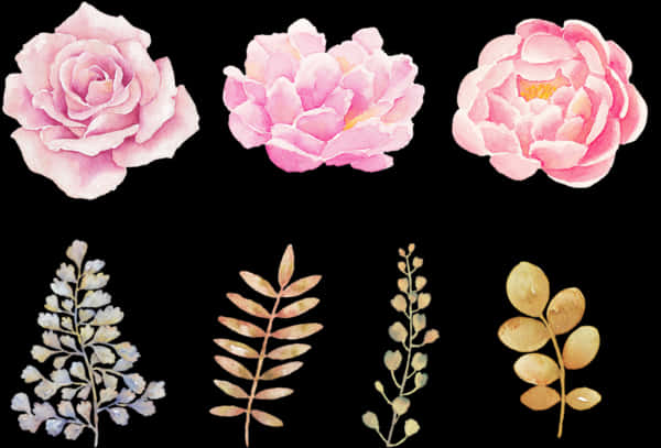 Watercolor Flowers 桌布 壁紙 — 三朵粉紅色水彩花和四條精緻的樹枝在純黑色背景上漂浮。